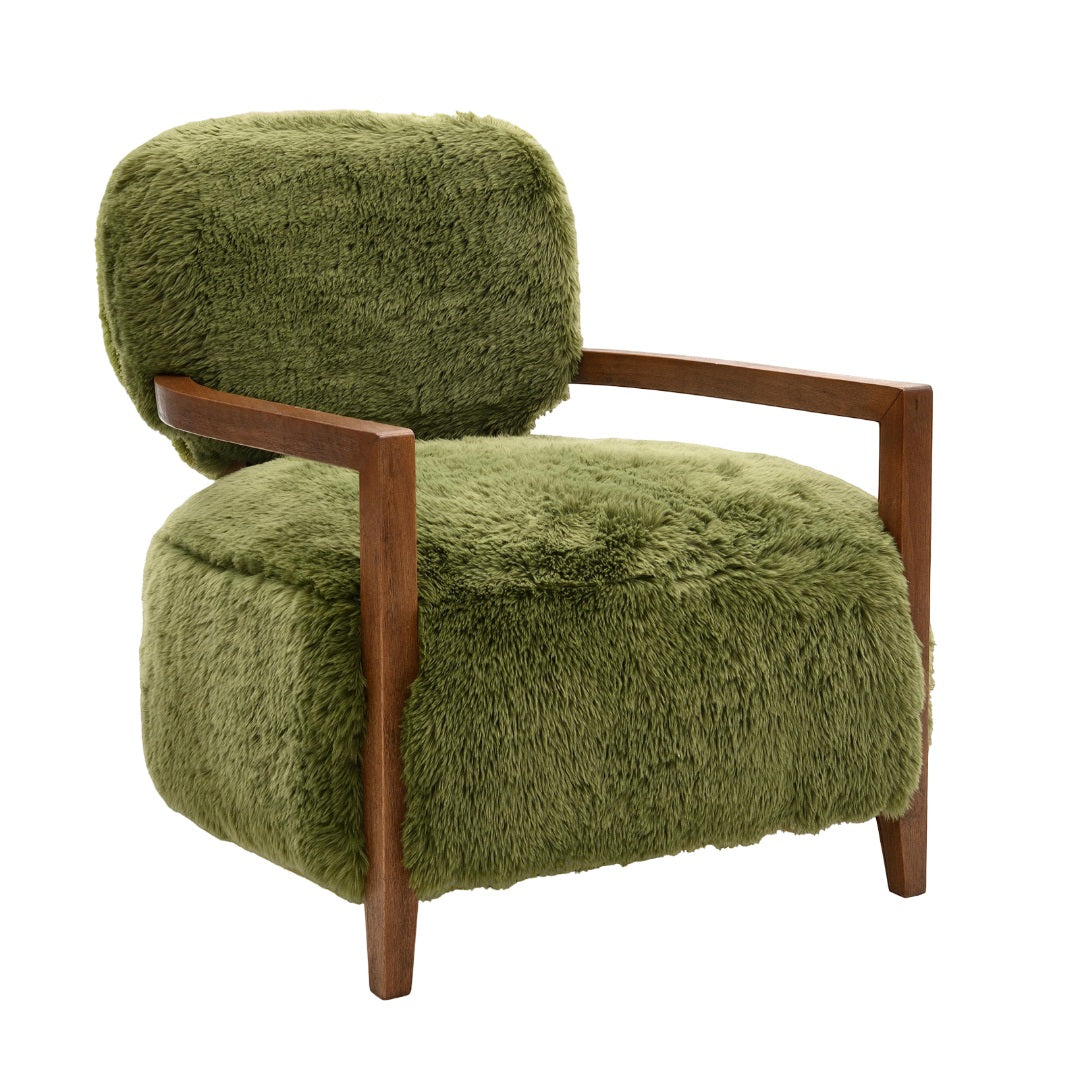 1pc Accent Chair Raked Wooden Arms Tight Back And Seat Short Ultra Soft Faux Fur Contemporary Green Finish Primary Room Furniture