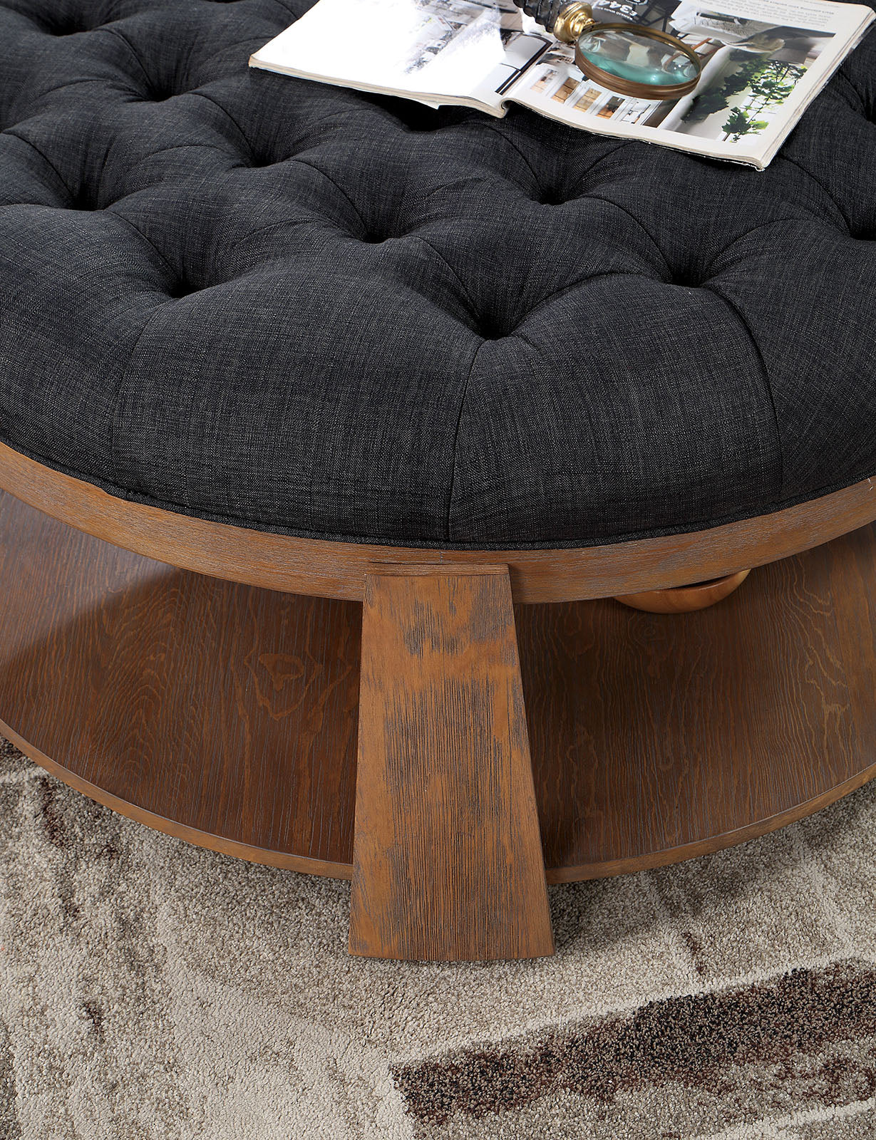 Round Coffee Table Transitional Style Welt Trim Button Tufting Padded Seat open Bottom Shelf Wire Brushed Finish Natural Tone And Dark Gray