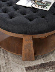 Round Coffee Table Transitional Style Welt Trim Button Tufting Padded Seat open Bottom Shelf Wire Brushed Finish Natural Tone And Dark Gray