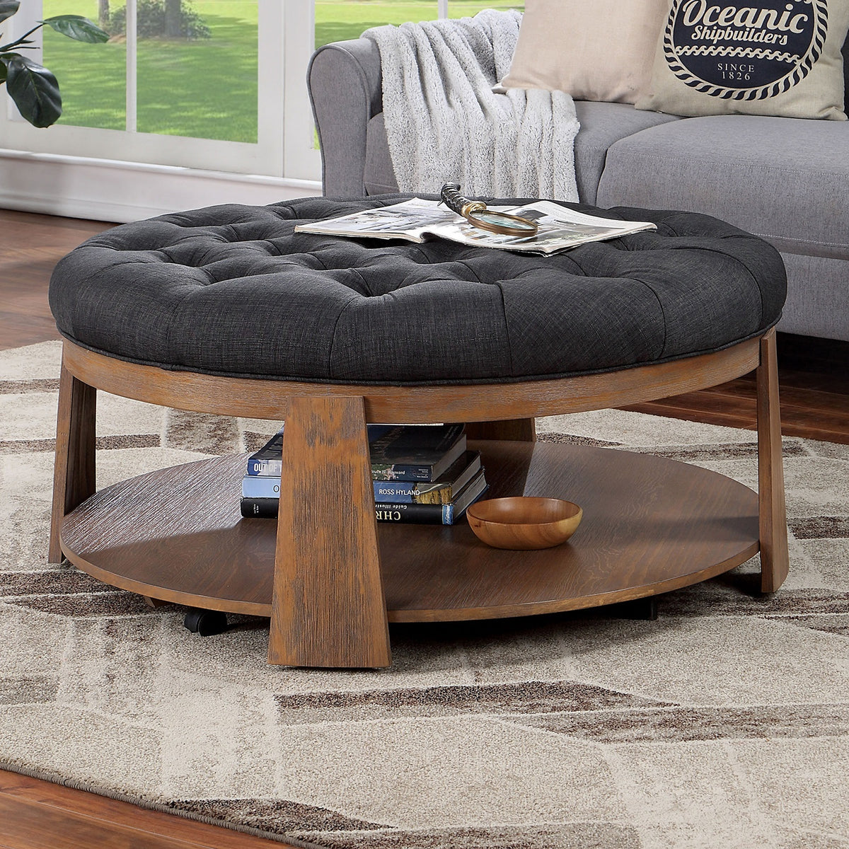 Round Coffee Table Transitional Style Welt Trim Button Tufting Padded Seat open Bottom Shelf Wire Brushed Finish Natural Tone And Dark Gray