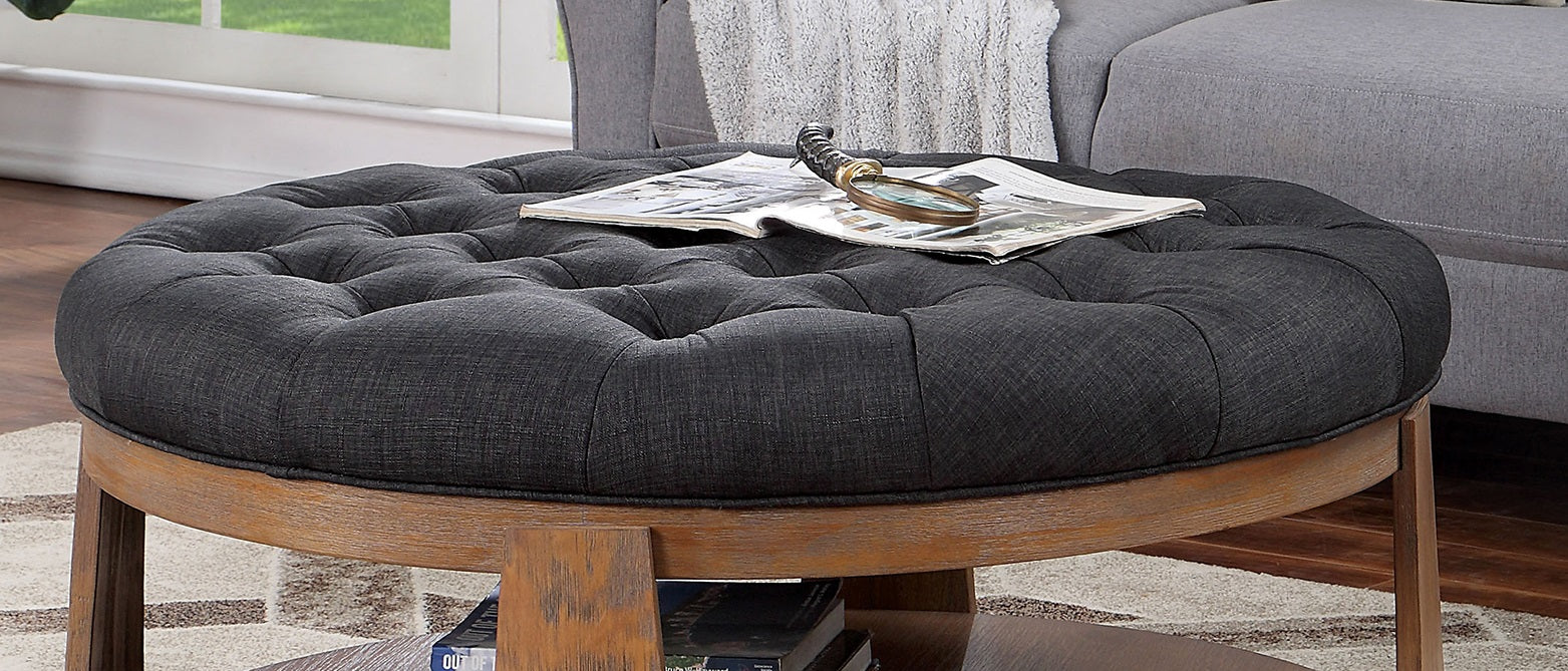 Round Coffee Table Transitional Style Welt Trim Button Tufting Padded Seat open Bottom Shelf Wire Brushed Finish Natural Tone And Dark Gray