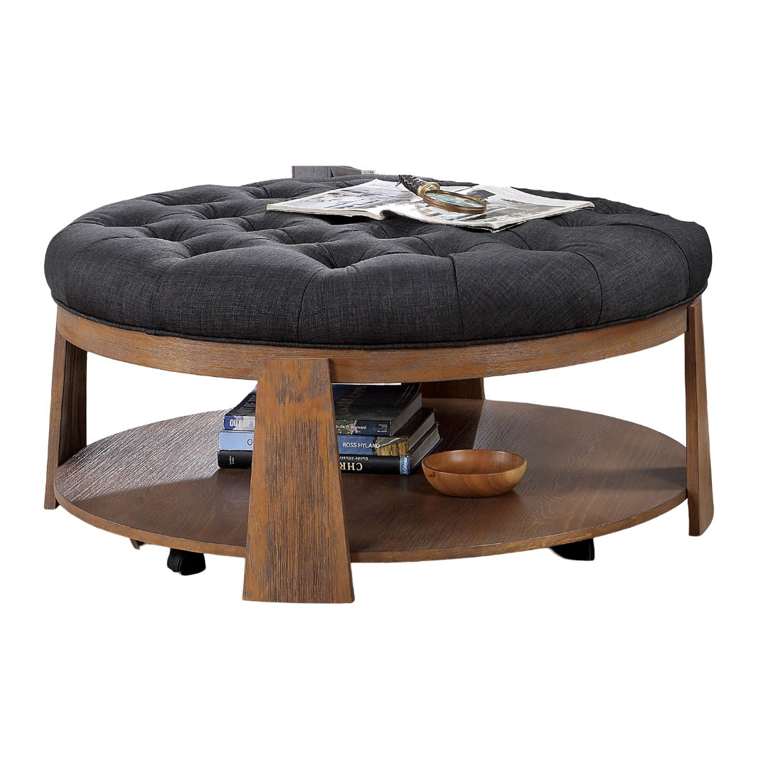 Round Coffee Table Transitional Style Welt Trim Button Tufting Padded Seat open Bottom Shelf Wire Brushed Finish Natural Tone And Dark Gray