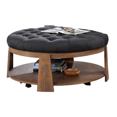 Round Coffee Table Transitional Style Welt Trim Button Tufting Padded Seat open Bottom Shelf Wire Brushed Finish Natural Tone And Dark Gray
