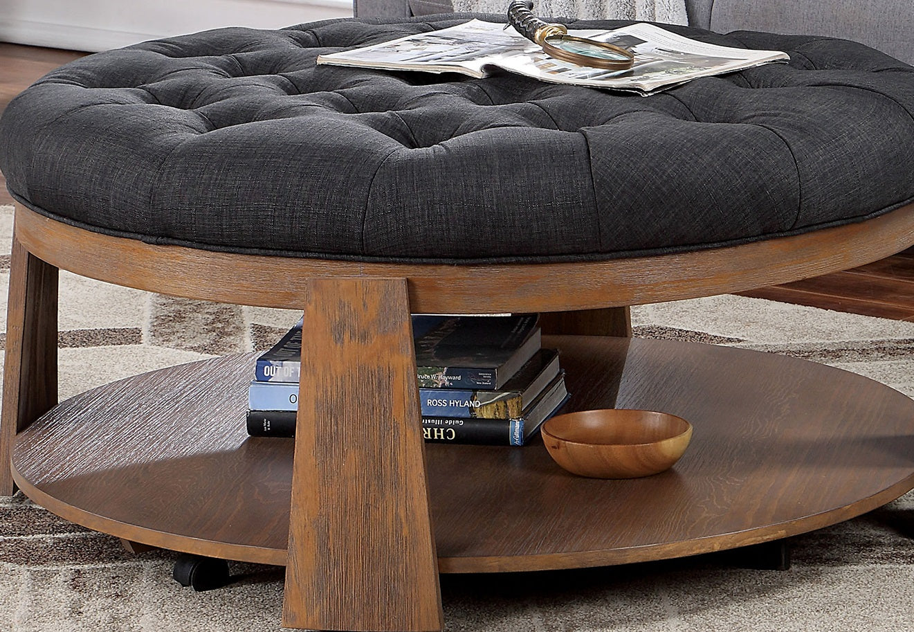 Round Coffee Table Transitional Style Welt Trim Button Tufting Padded Seat open Bottom Shelf Wire Brushed Finish Natural Tone And Dark Gray