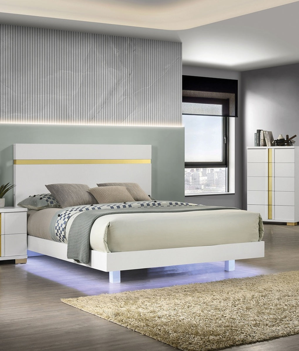 White 1pc Full Size Bed Underbed LED Modern Bedroom Furniture Acrylic Trim Mattress Ready Bedframe