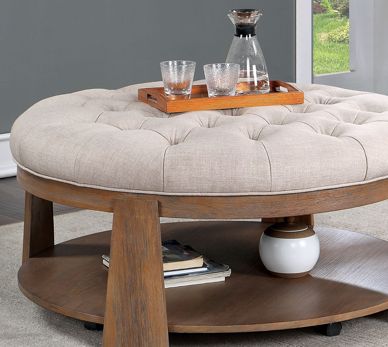Transitional Style 1pc Round Coffee Table Wire Brusher Welt Trim Button Tufting Open Bottom Shelf Padded Seat Natural Tone And Beige Finish
