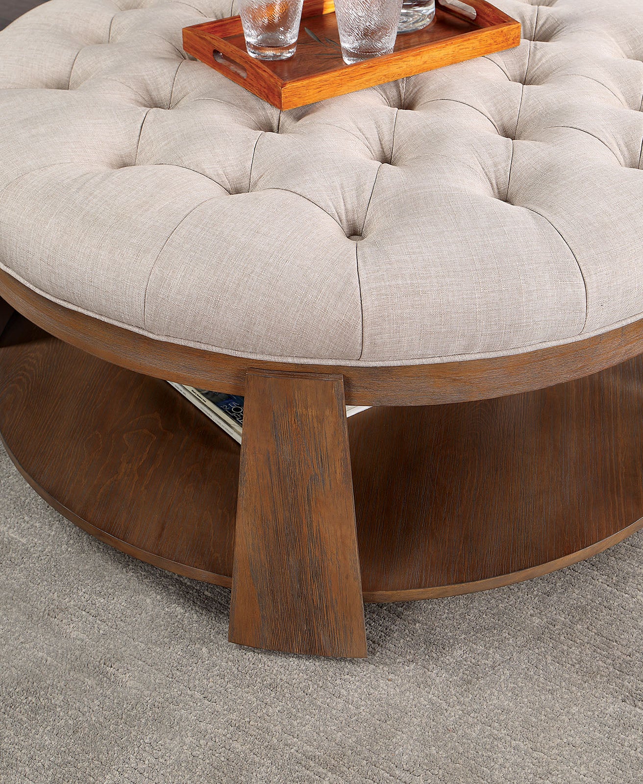 Transitional Style 1pc Round Coffee Table Wire Brusher Welt Trim Button Tufting Open Bottom Shelf Padded Seat Natural Tone And Beige Finish