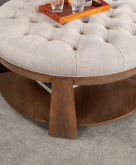Transitional Style 1pc Round Coffee Table Wire Brusher Welt Trim Button Tufting Open Bottom Shelf Padded Seat Natural Tone And Beige Finish