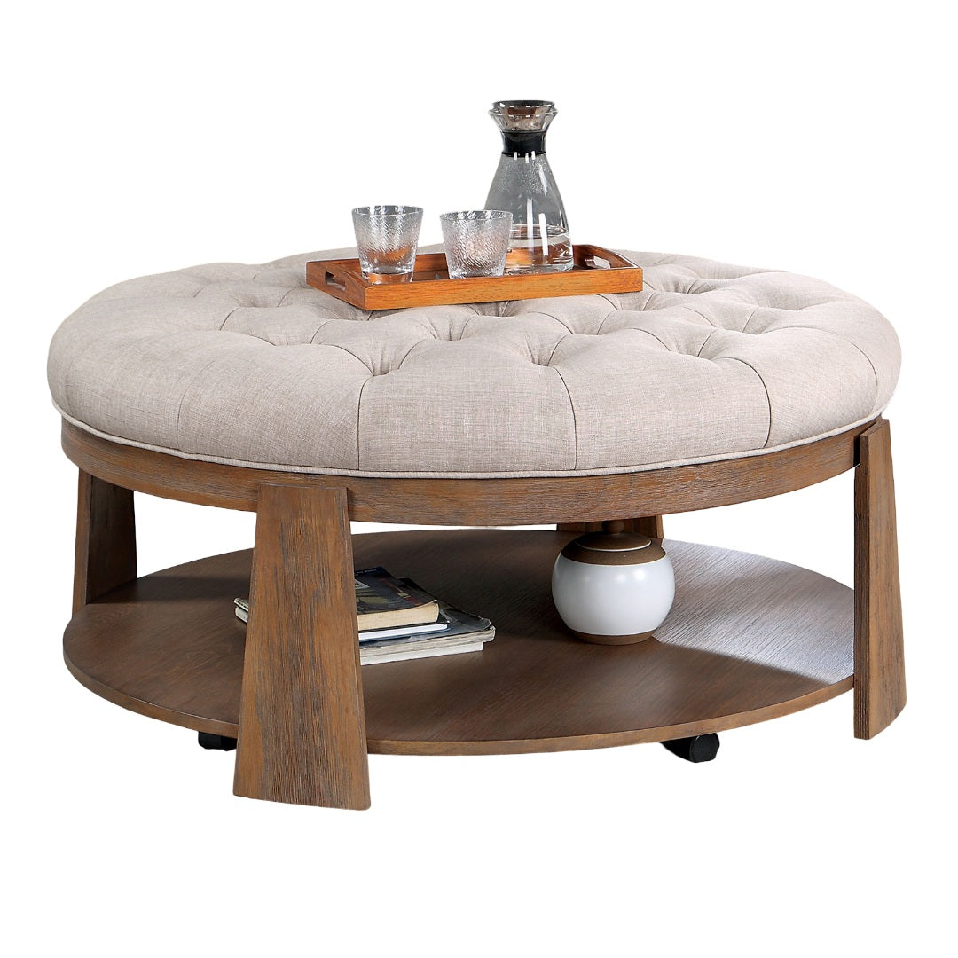 Transitional Style 1pc Round Coffee Table Wire Brusher Welt Trim Button Tufting Open Bottom Shelf Padded Seat Natural Tone And Beige Finish