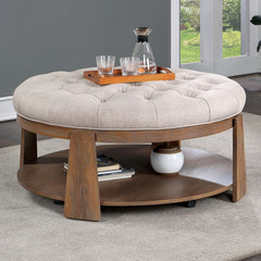 Transitional Style 1pc Round Coffee Table Wire Brusher Welt Trim Button Tufting Open Bottom Shelf Padded Seat Natural Tone And Beige Finish
