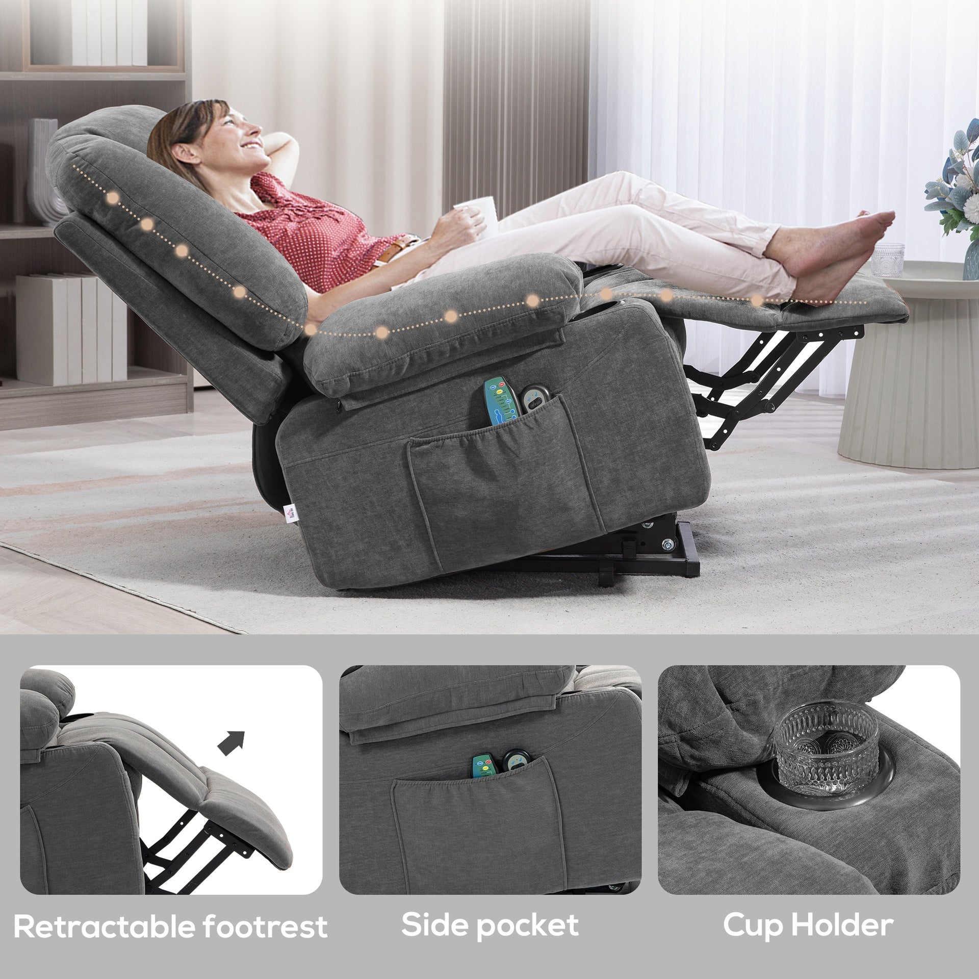 HOMCOM Power Lift Chair, Electric Recliner Chair with Vibration Massage, Heat, Side Pockets, Quick Assembly, Charcoal Gray
