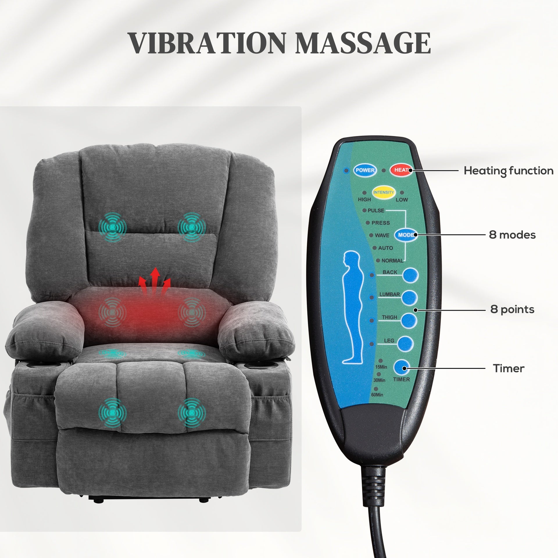HOMCOM Power Lift Chair, Electric Recliner Chair with Vibration Massage, Heat, Side Pockets, Quick Assembly, Charcoal Gray