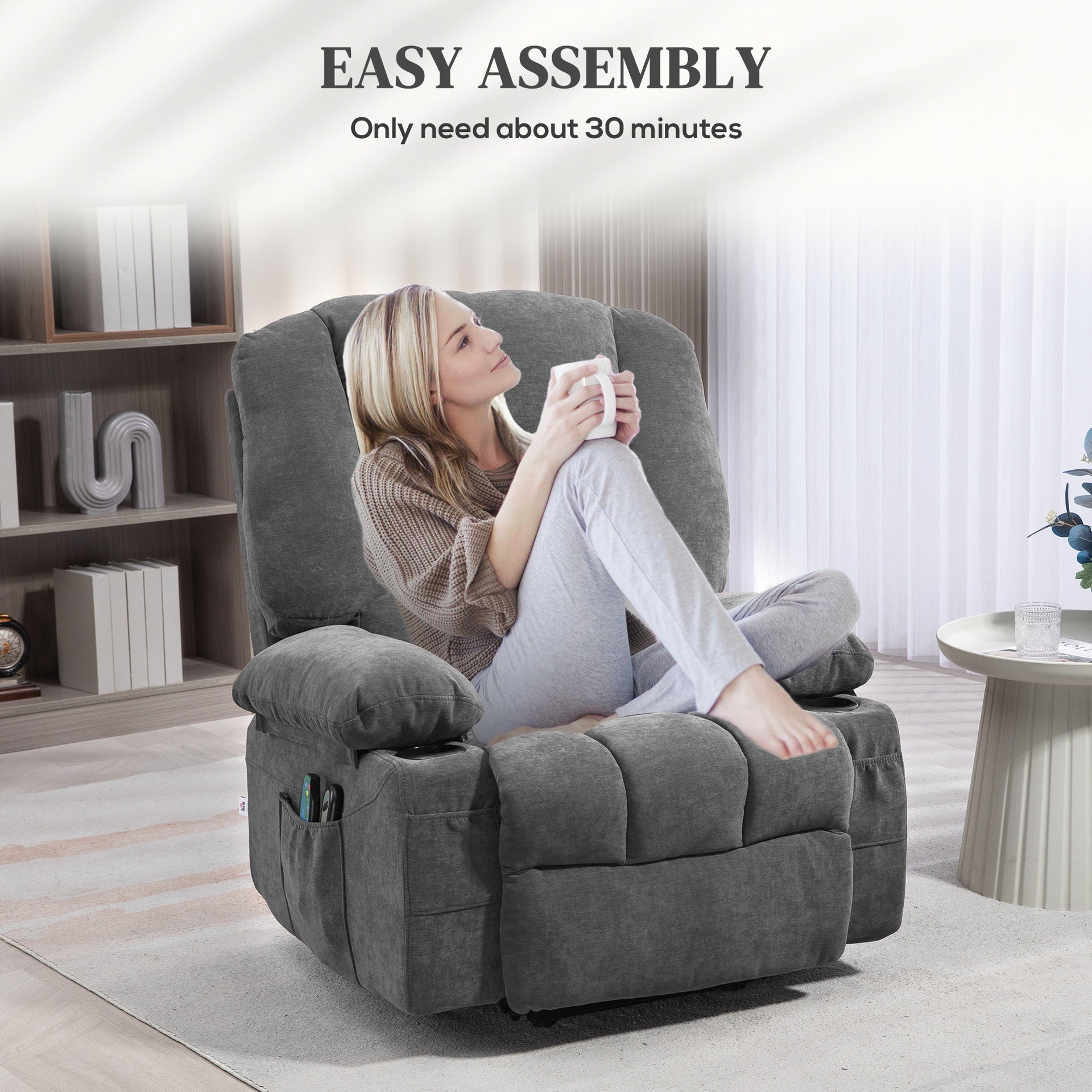 HOMCOM Power Lift Chair, Electric Recliner Chair with Vibration Massage, Heat, Side Pockets, Quick Assembly, Charcoal Gray