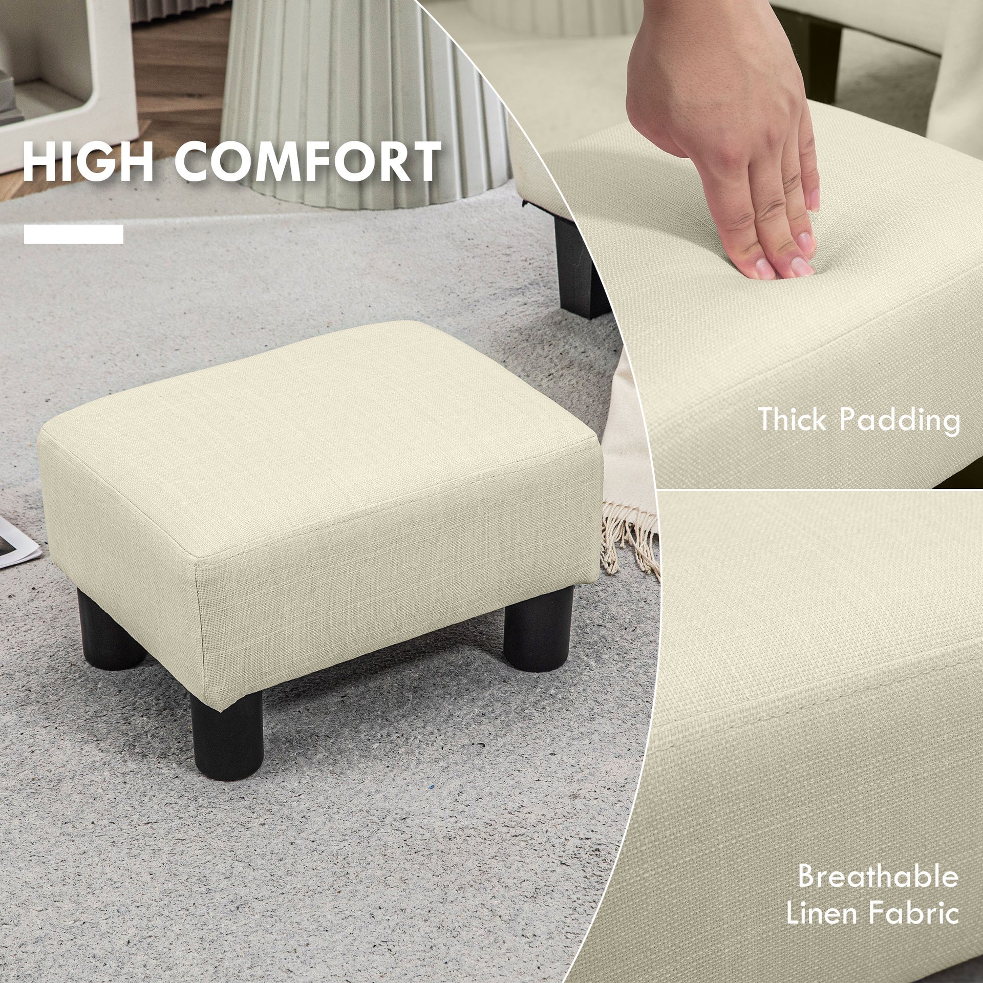 HOMCOM Small Ottoman Foot Rest, Foot Stool with Linen Fabric Upholstery and Plastic Legs, Cube Ottoman, Beige
