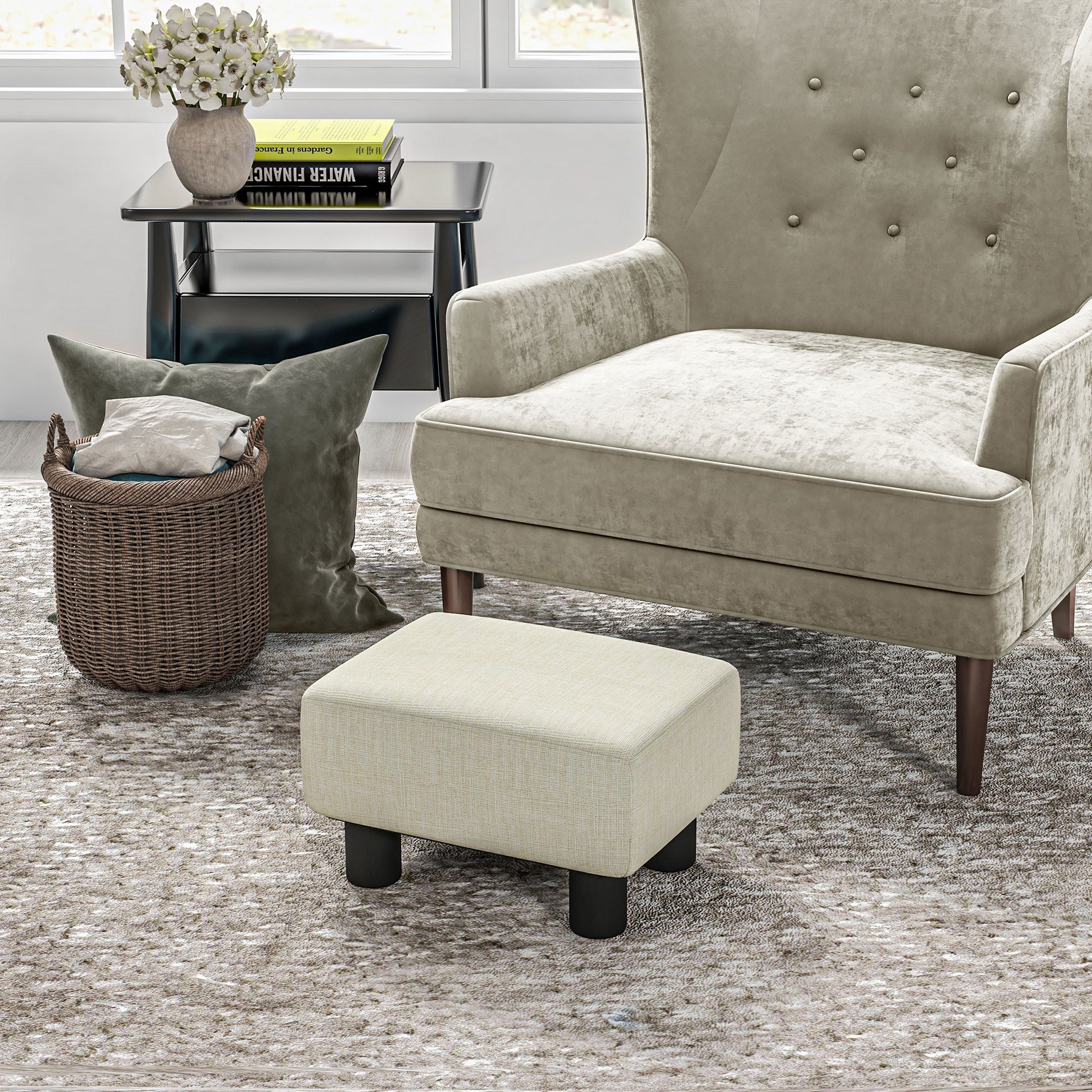 HOMCOM Small Ottoman Foot Rest, Foot Stool with Linen Fabric Upholstery and Plastic Legs, Cube Ottoman, Beige