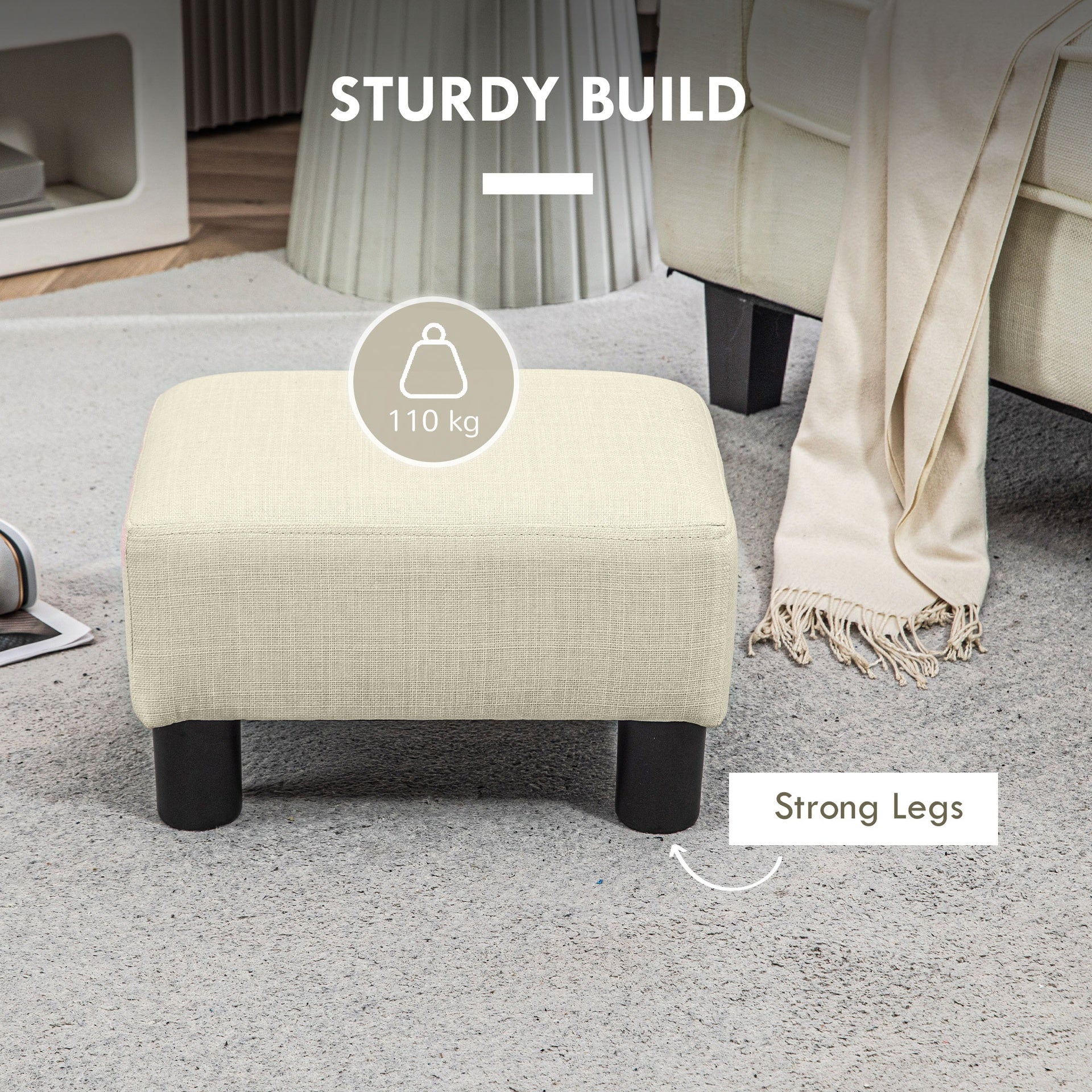 HOMCOM Small Ottoman Foot Rest, Foot Stool with Linen Fabric Upholstery and Plastic Legs, Cube Ottoman, Beige