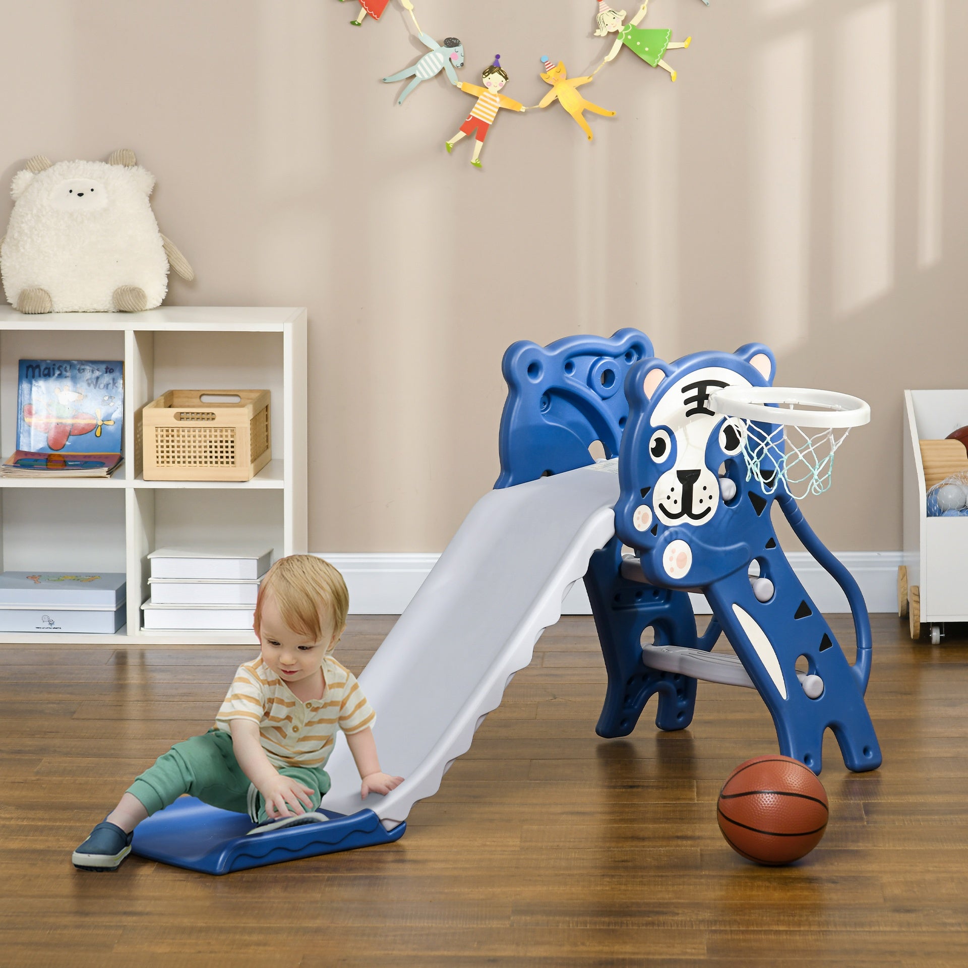 Qaba Slide for Kids with Basketball Hoop for Indoor Use, Easy Set Up Baby Slide for Kids 18-36 Months, Blue