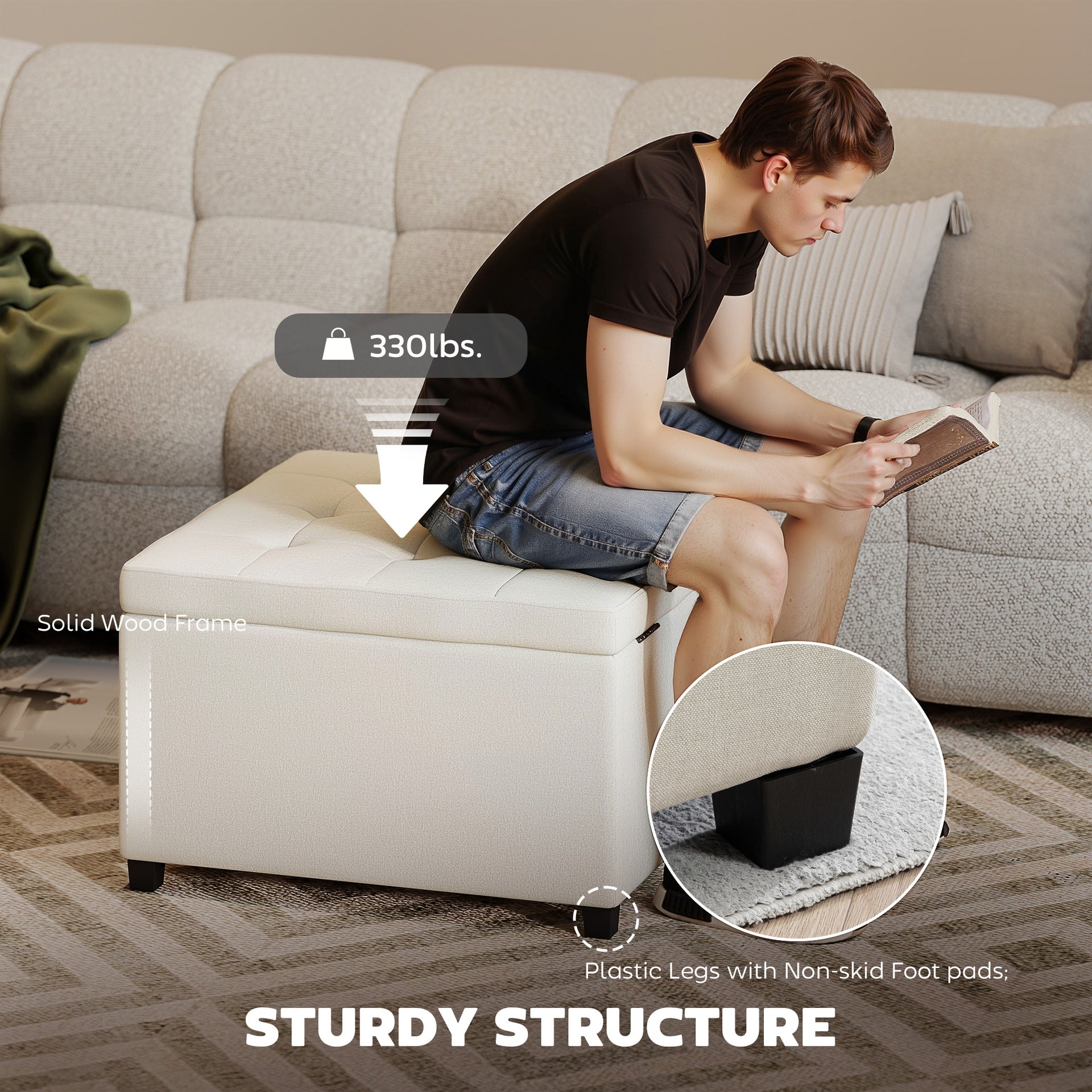 HOMCOM Round Storage Ottoman Bench, Button Tufted Ottoman with Flip Top for Living Room, Entryway and Bedroom, Beige