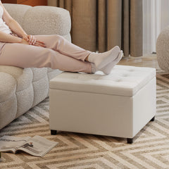 HOMCOM Round Storage Ottoman Bench, Button Tufted Ottoman with Flip Top for Living Room, Entryway and Bedroom, Beige
