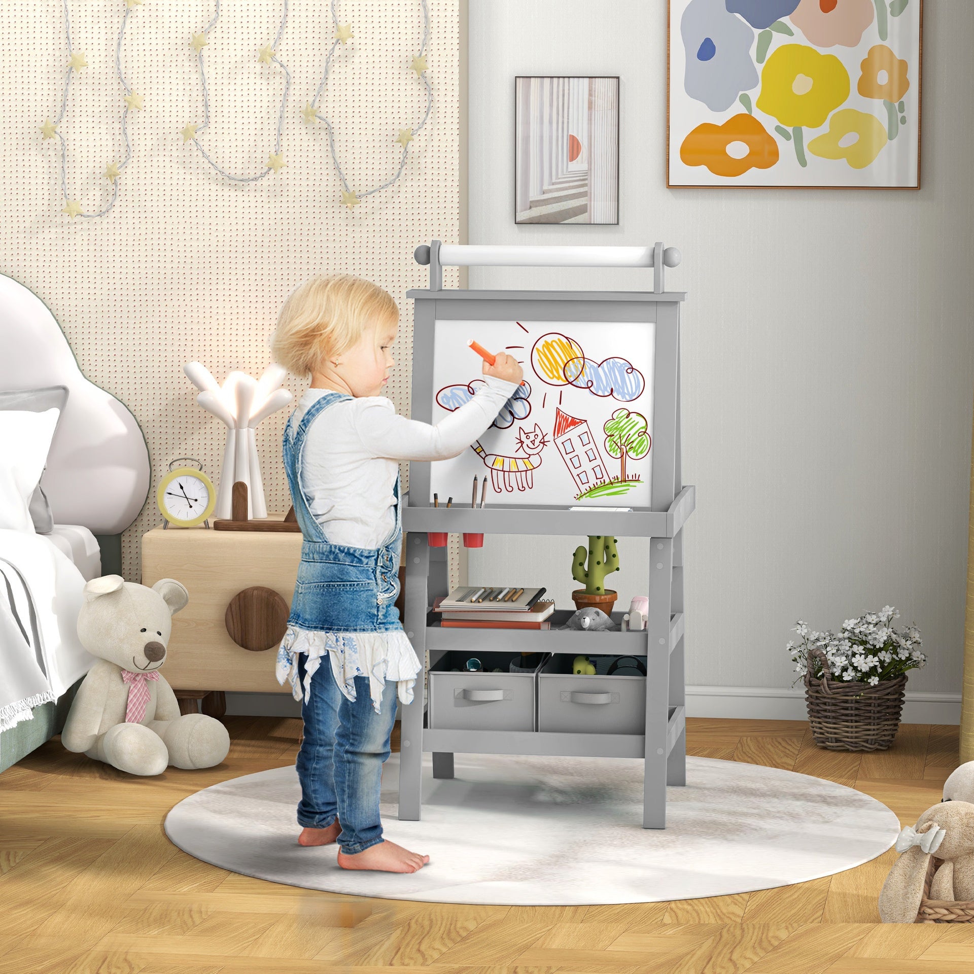 Qaba Double Sided Easel for Kids, Standing Toddler Easel with Paper Roll, Magnetic Whiteboard, Chalkboard & Storage, Gray