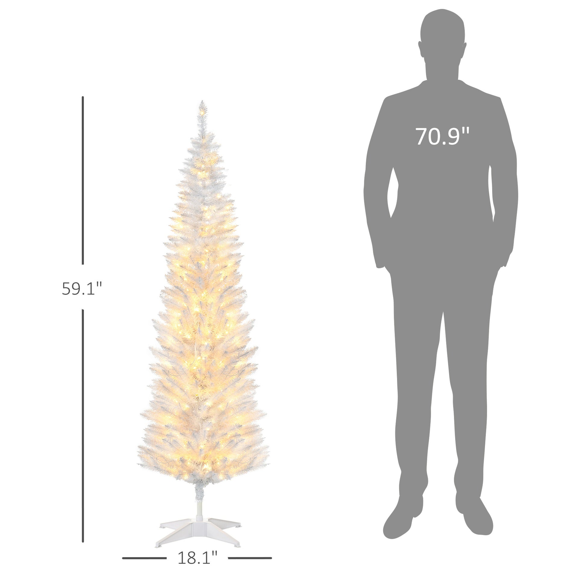 HOMCOM 5ft Pencil Christmas Tree, Slim Artificial Christmas Tree with Realistic Branches and Warm White LED Lights, White