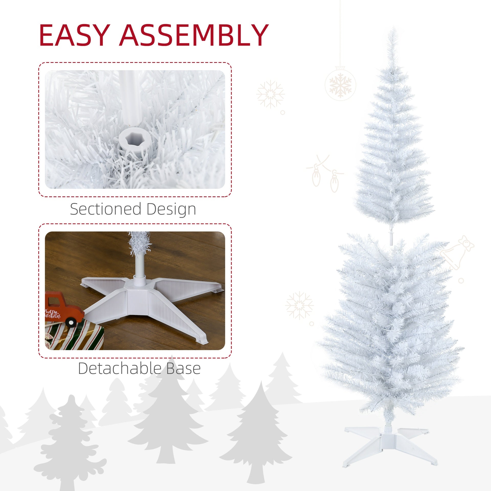 HOMCOM 5ft Pencil Christmas Tree, Slim Artificial Christmas Tree with Realistic Branches and Warm White LED Lights, White