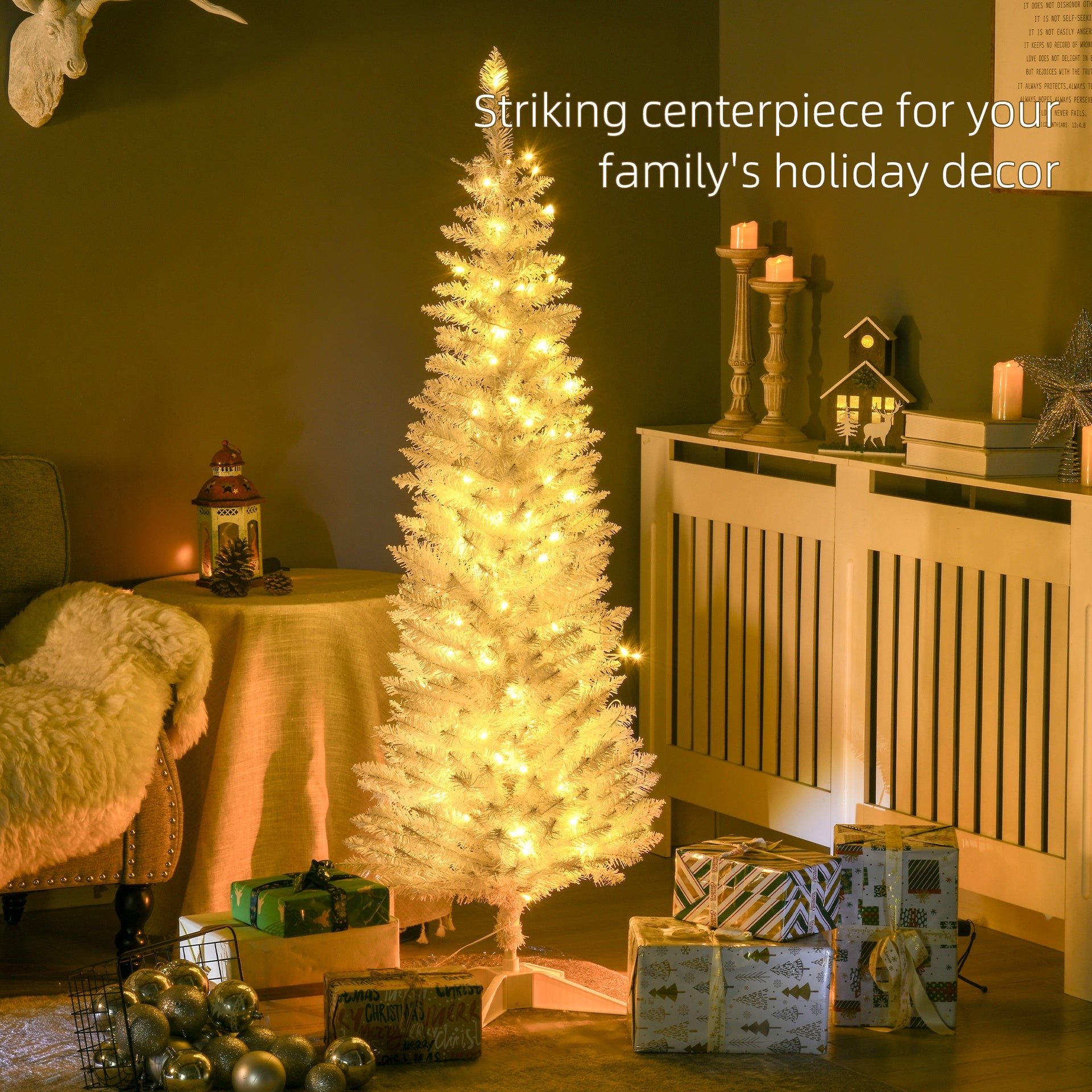 HOMCOM 5ft Pencil Christmas Tree, Slim Artificial Christmas Tree with Realistic Branches and Warm White LED Lights, White