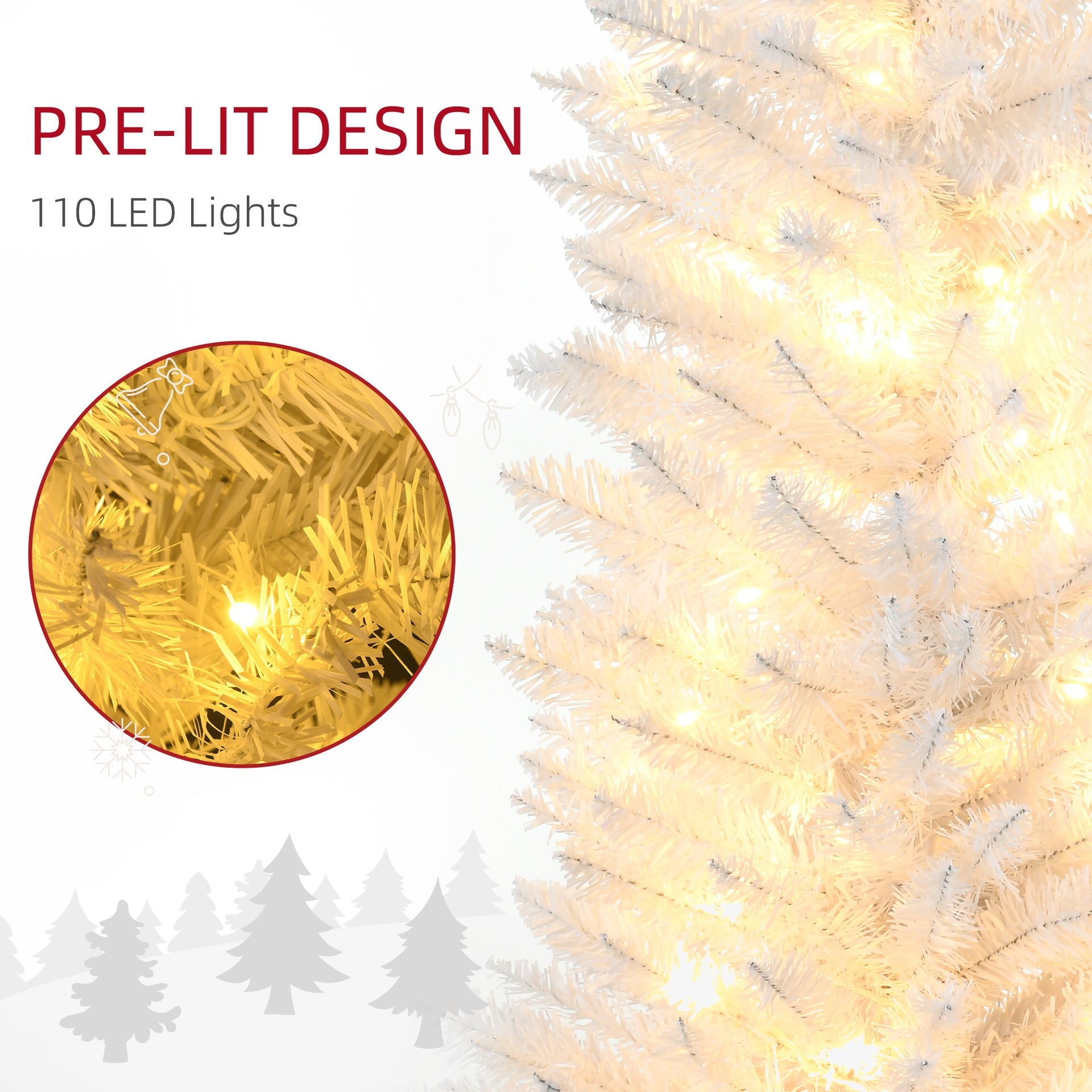 HOMCOM 5ft Pencil Christmas Tree, Slim Artificial Christmas Tree with Realistic Branches and Warm White LED Lights, White