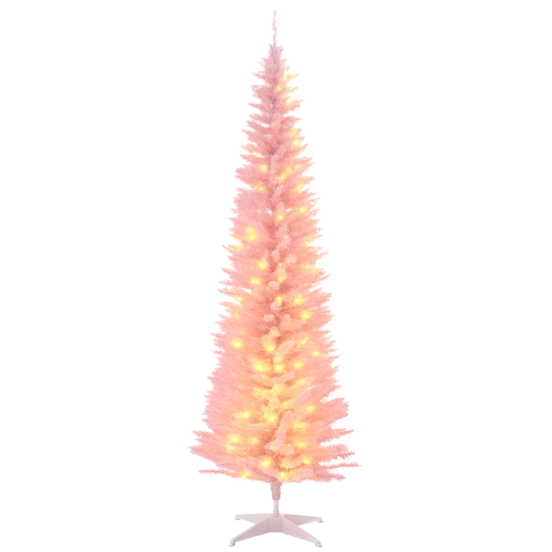 HOMCOM 6ft Pencil Christmas Tree, Slim Artificial Christmas Tree with Realistic Branches and Warm White LED Lights, Pink