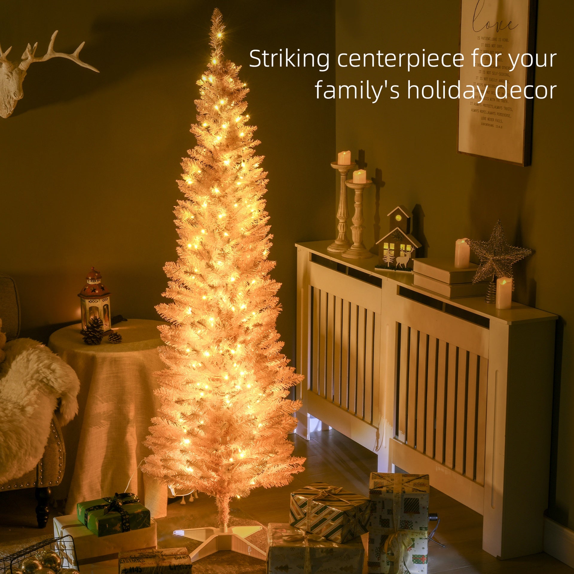 HOMCOM 6ft Pencil Christmas Tree, Slim Artificial Christmas Tree with Realistic Branches and Warm White LED Lights, Pink