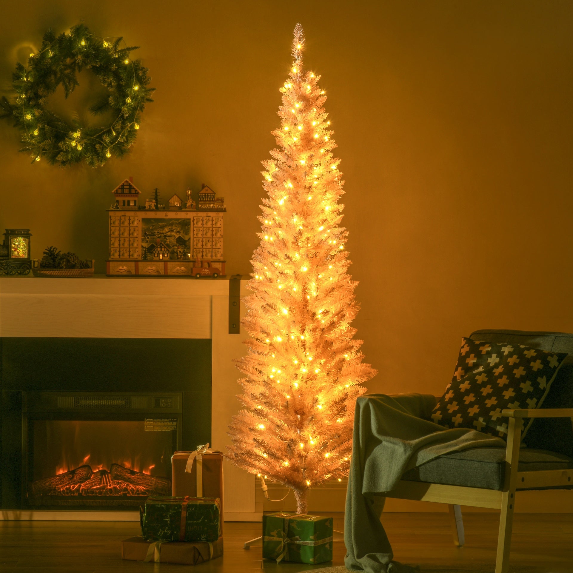 HOMCOM 6ft Pencil Christmas Tree, Slim Artificial Christmas Tree with Realistic Branches and Warm White LED Lights, Pink