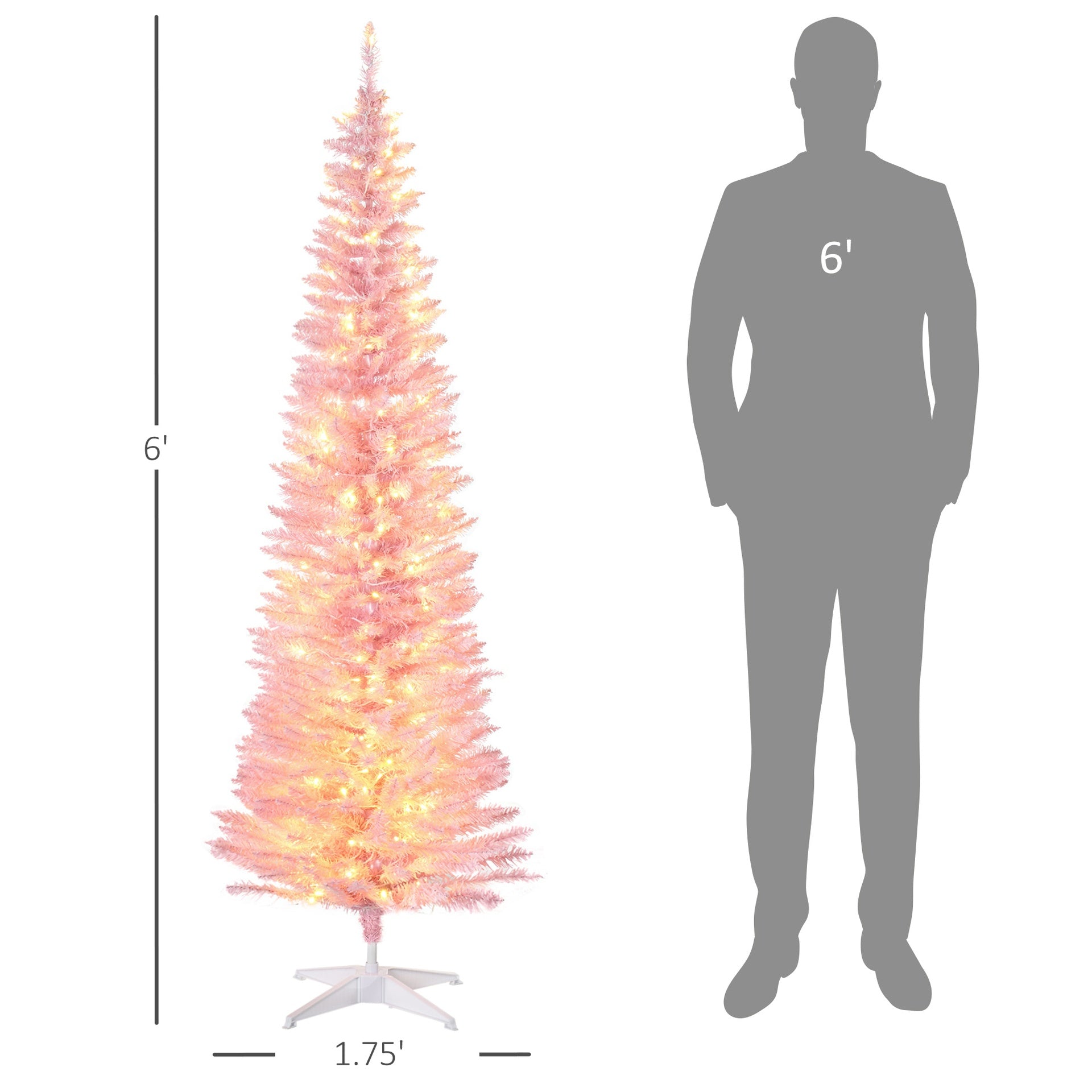 HOMCOM 6ft Pencil Christmas Tree, Slim Artificial Christmas Tree with Realistic Branches and Warm White LED Lights, Pink