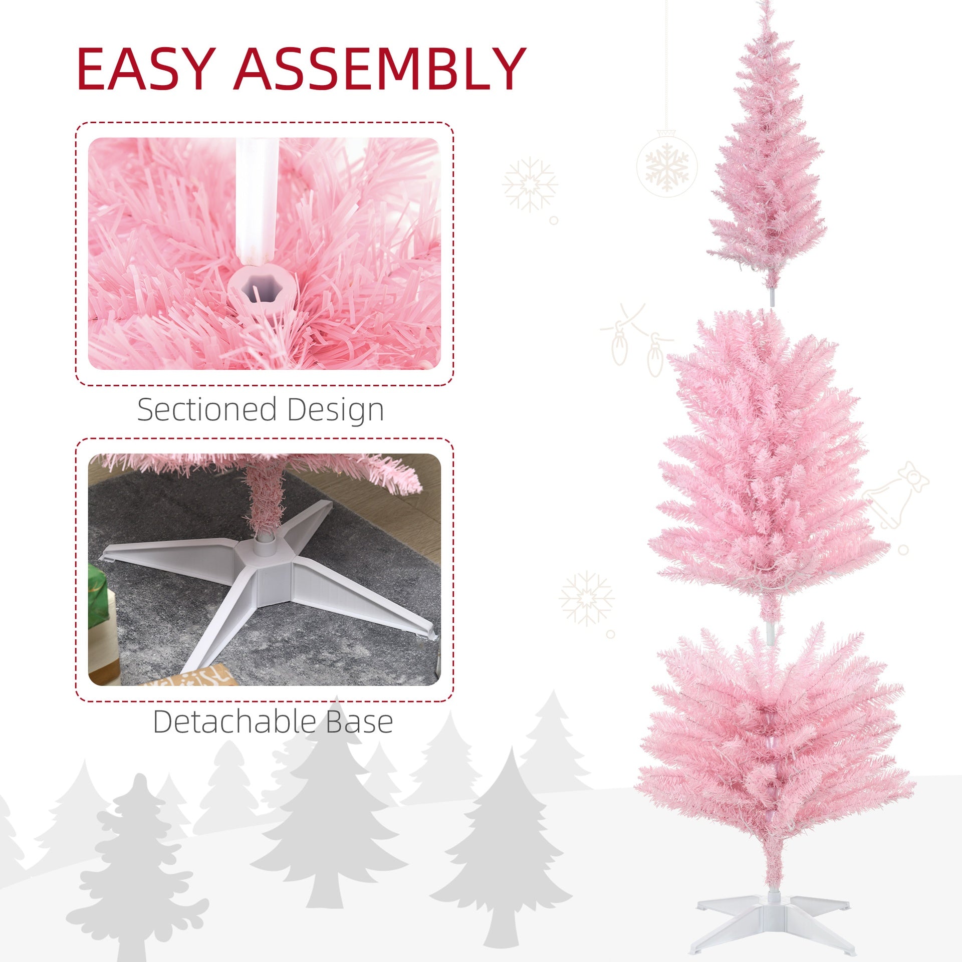 HOMCOM 6ft Pencil Christmas Tree, Slim Artificial Christmas Tree with Realistic Branches and Warm White LED Lights, Pink