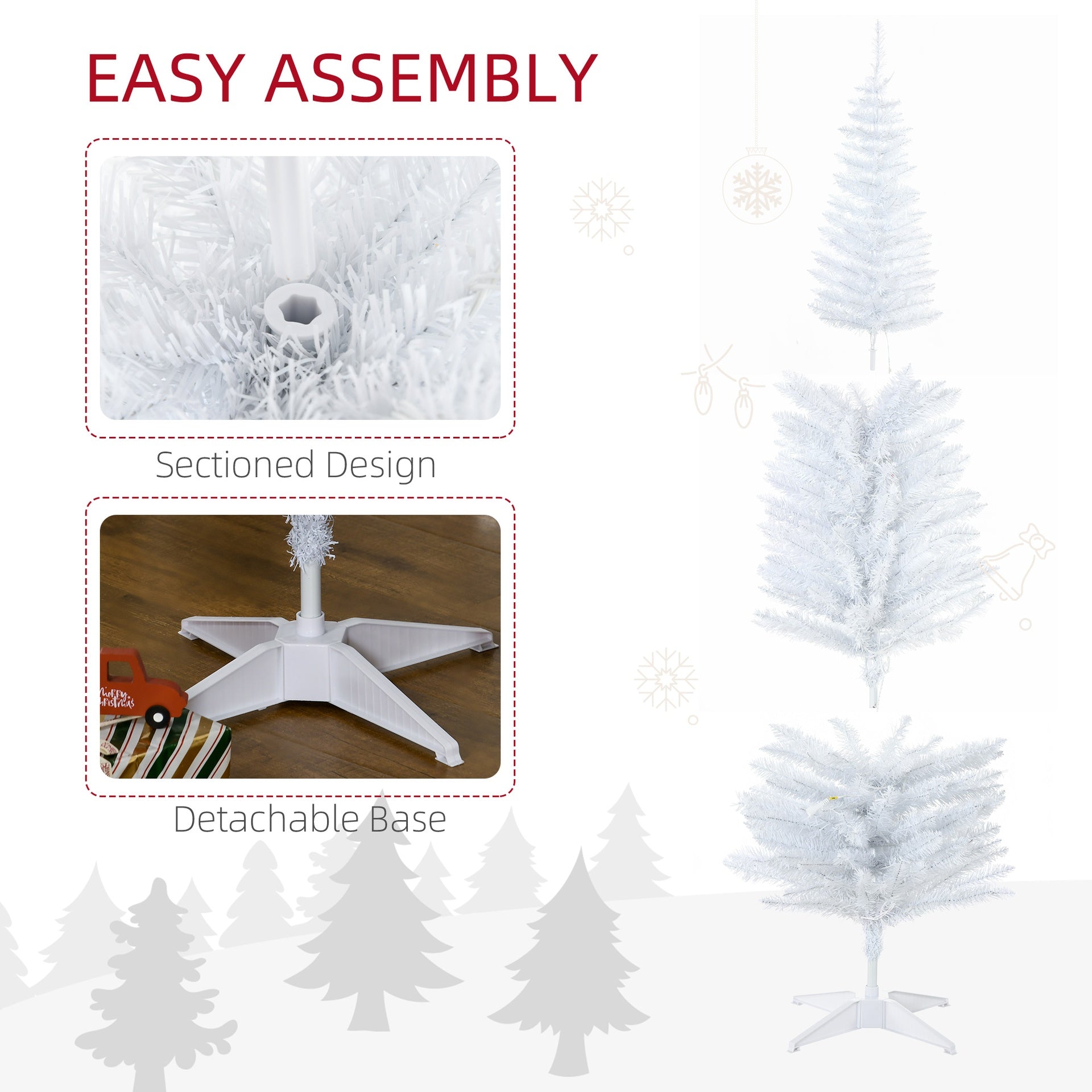 HOMCOM 6ft Pencil Christmas Tree, Slim Artificial Christmas Tree with Realistic Branches and Warm White LED Lights, White