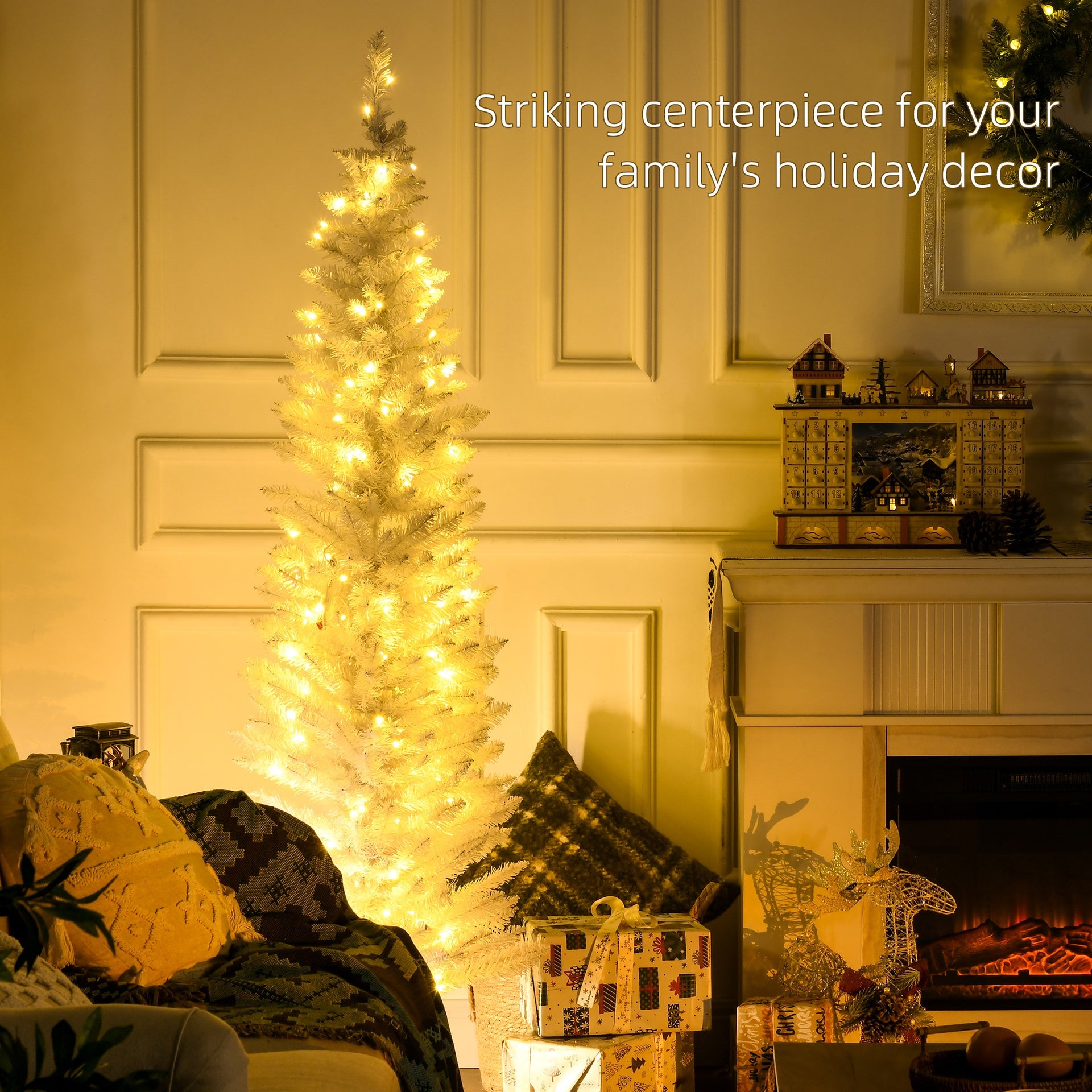 HOMCOM 6ft Pencil Christmas Tree, Slim Artificial Christmas Tree with Realistic Branches and Warm White LED Lights, White