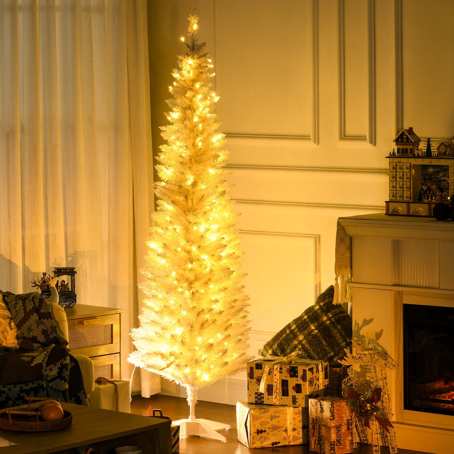 HOMCOM 6ft Pencil Christmas Tree, Slim Artificial Christmas Tree with Realistic Branches and Warm White LED Lights, White