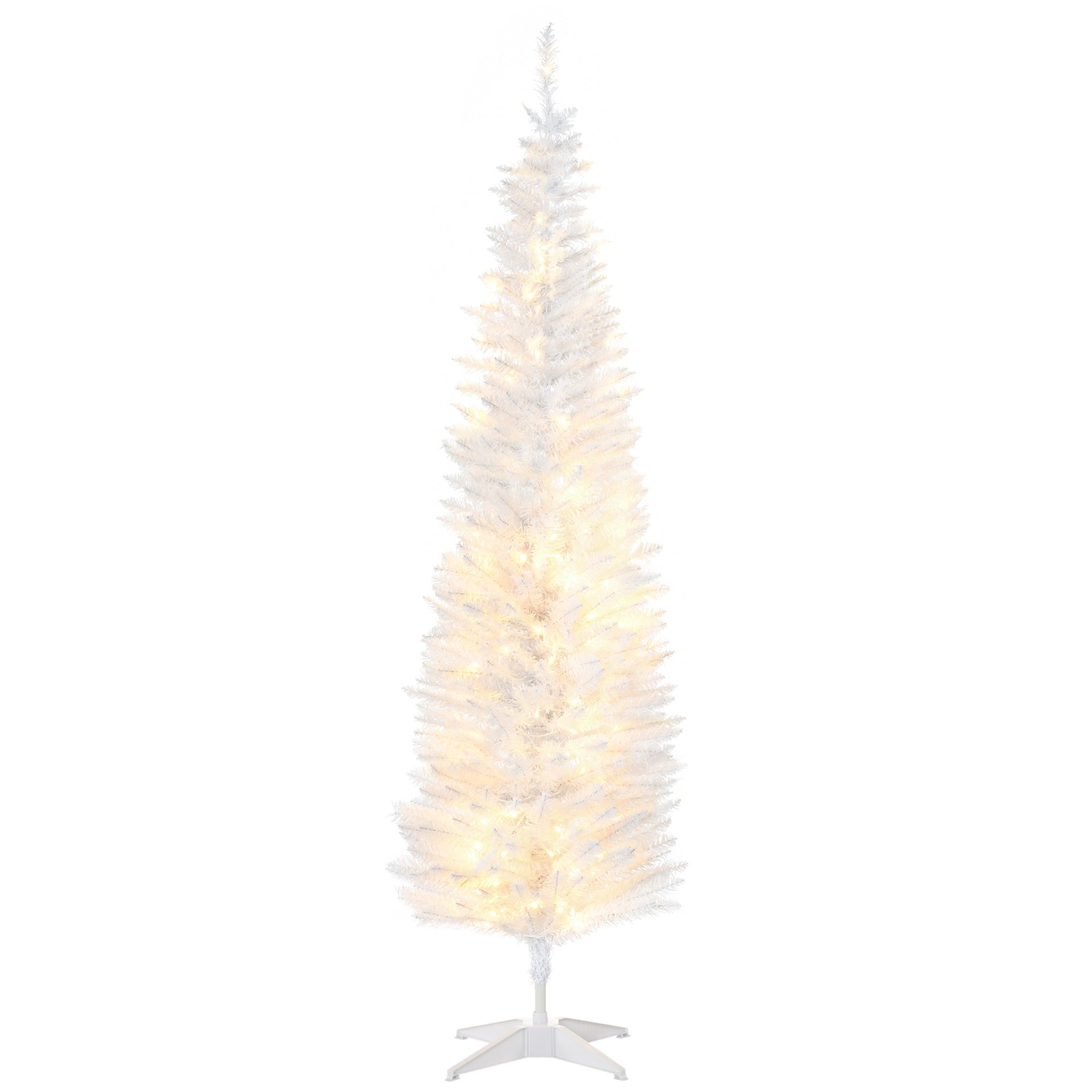 HOMCOM 6ft Pencil Christmas Tree, Slim Artificial Christmas Tree with Realistic Branches and Warm White LED Lights, White