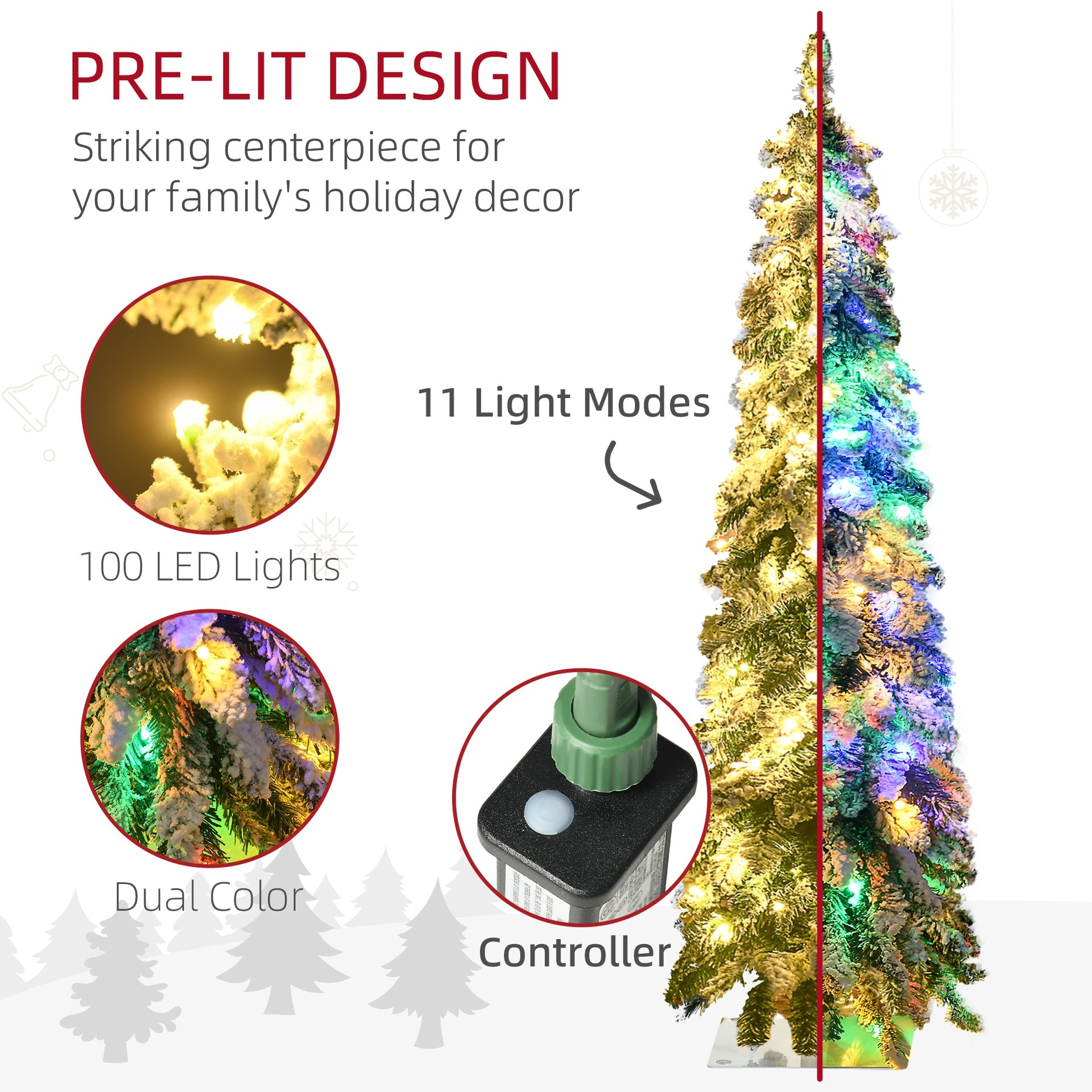 HOMCOM 4' Artificial Slim Christmas Trees, with Snow Frosted Branches, Warm White or Colorful LED Lights, Downswept Shape