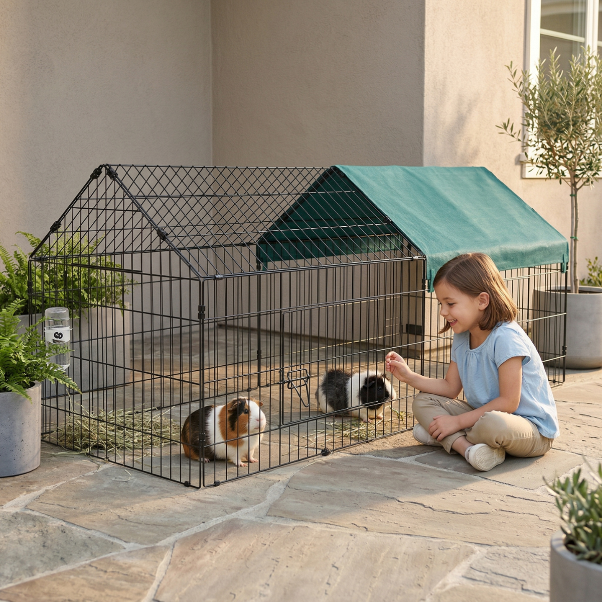 PawHut 87" Small Animal Playpen with with Roof for Rabbits, Chicken, Chinchillas for Indoor/Outdoor Use, Green