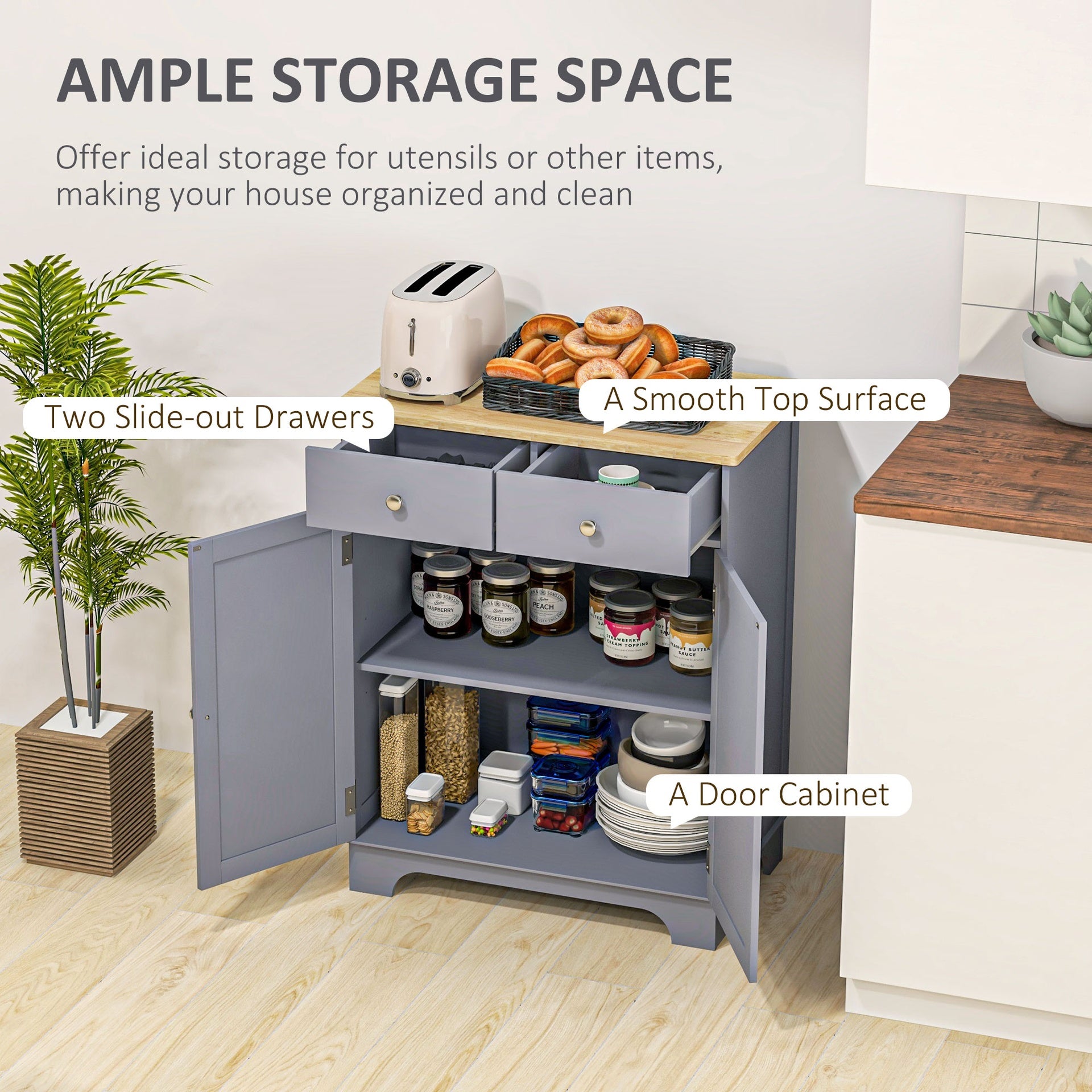HOMCOM Kitchen Storage Cabinet, Sideboard Floor Cupboard with Solid Wood Top, Adjustable Shelf, and 2 Drawers, Gray