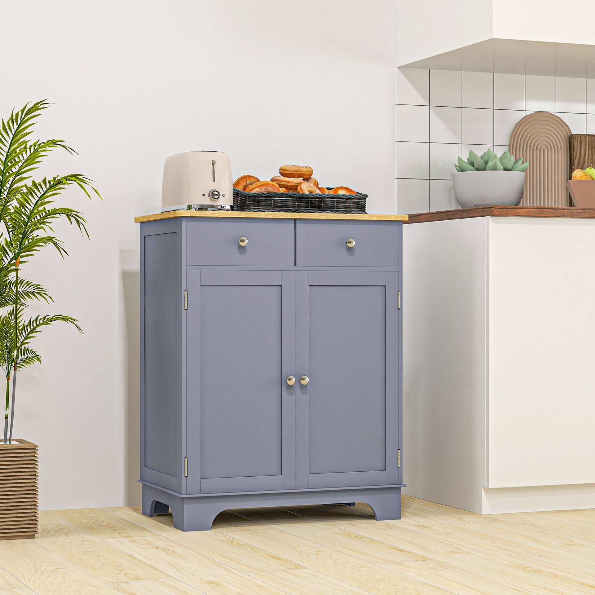 HOMCOM Kitchen Storage Cabinet, Sideboard Floor Cupboard with Solid Wood Top, Adjustable Shelf, and 2 Drawers, Gray
