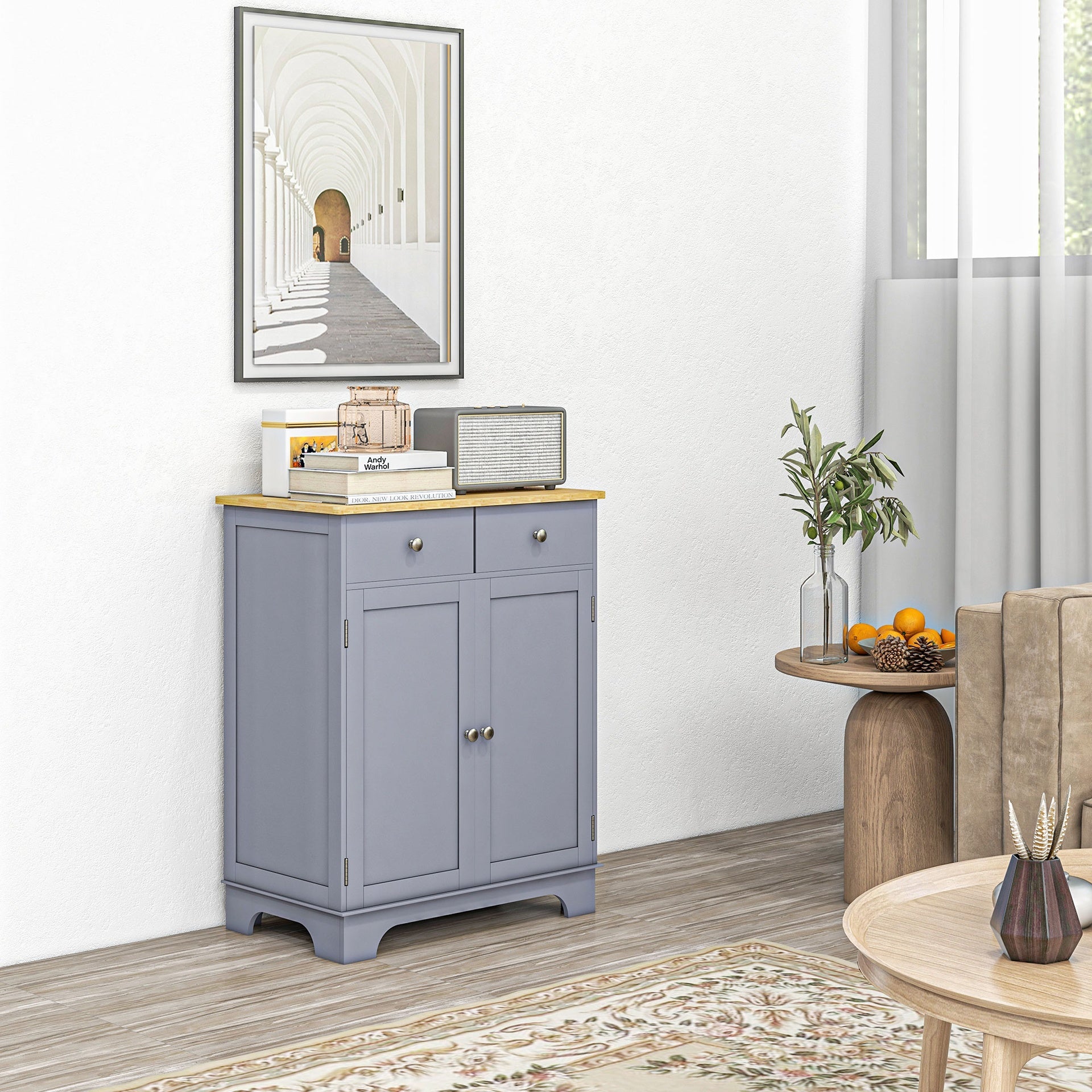 HOMCOM Kitchen Storage Cabinet, Sideboard Floor Cupboard with Solid Wood Top, Adjustable Shelf, and 2 Drawers, Gray