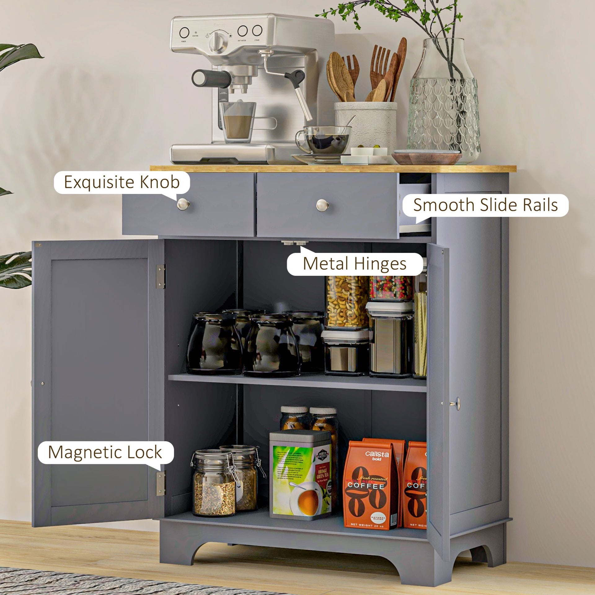 HOMCOM Kitchen Storage Cabinet, Sideboard Floor Cupboard with Solid Wood Top, Adjustable Shelf, and 2 Drawers, Gray