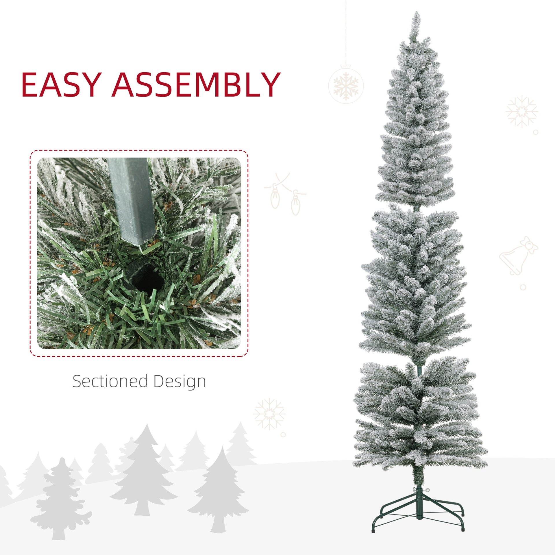 HOMCOM 7ft Artificial Christmas Tree, Snow Flocked Branches, Metal Base, Pencil Xmas Tree