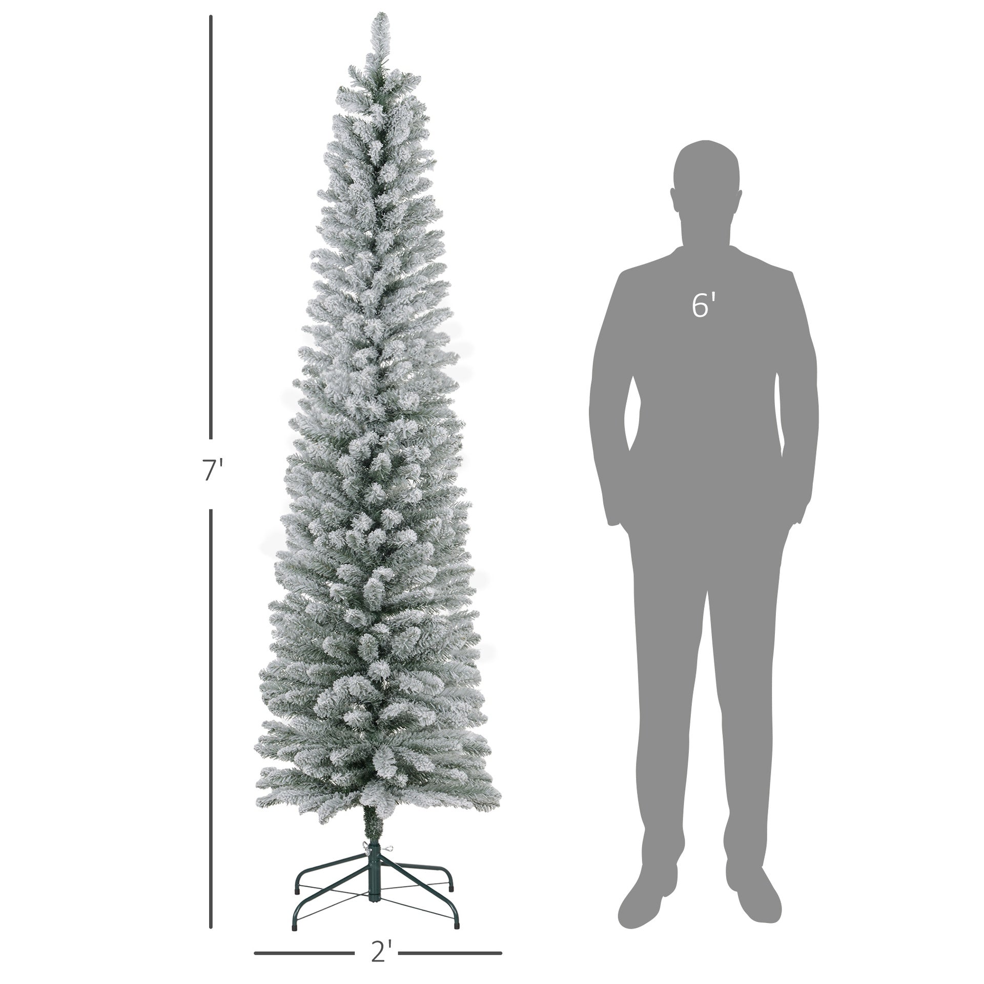 HOMCOM 7ft Artificial Christmas Tree, Snow Flocked Branches, Metal Base, Pencil Xmas Tree