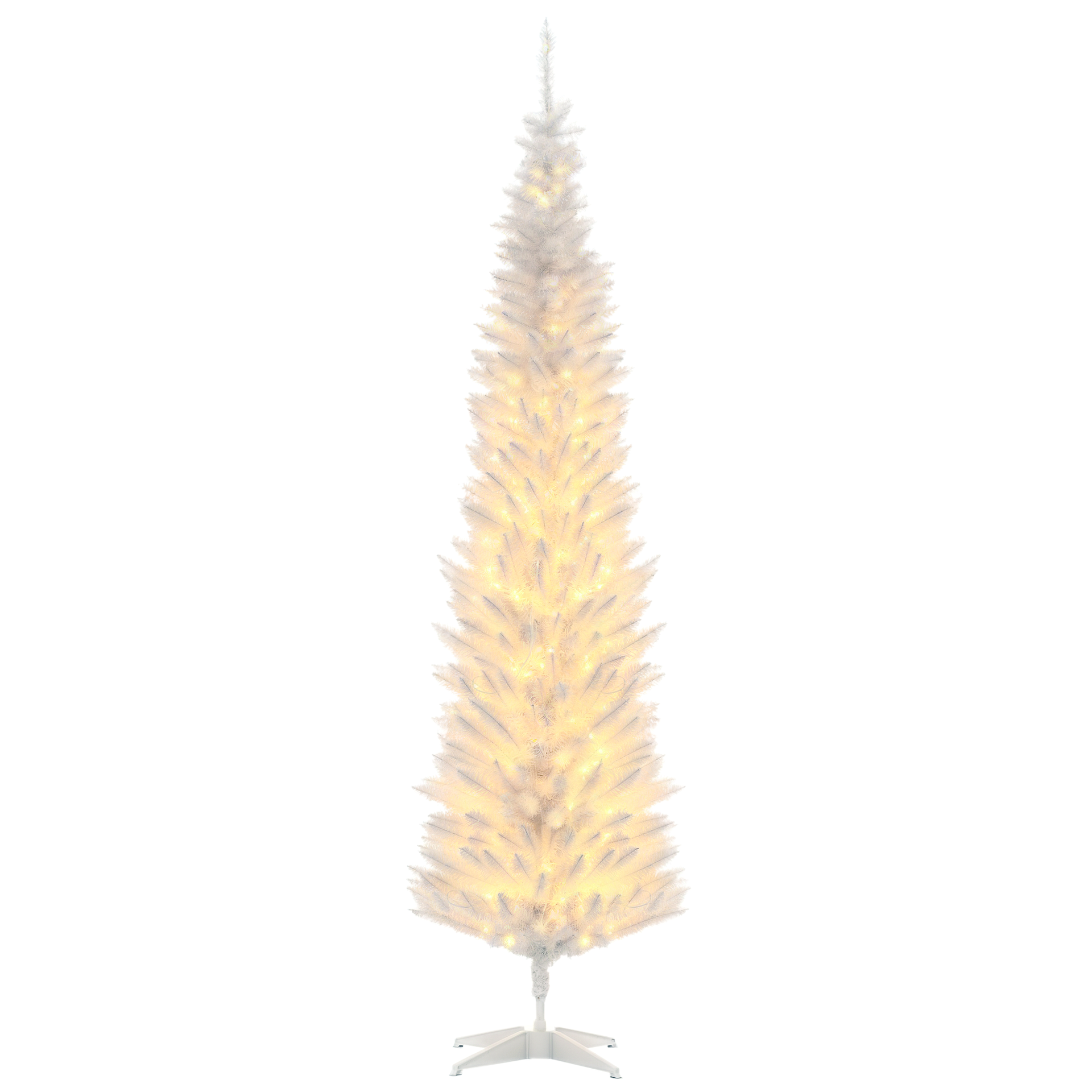 HOMCOM 7ft Pencil Christmas Tree, Slim Artificial Christmas Tree with Realistic Branches and Warm White LED Lights, White