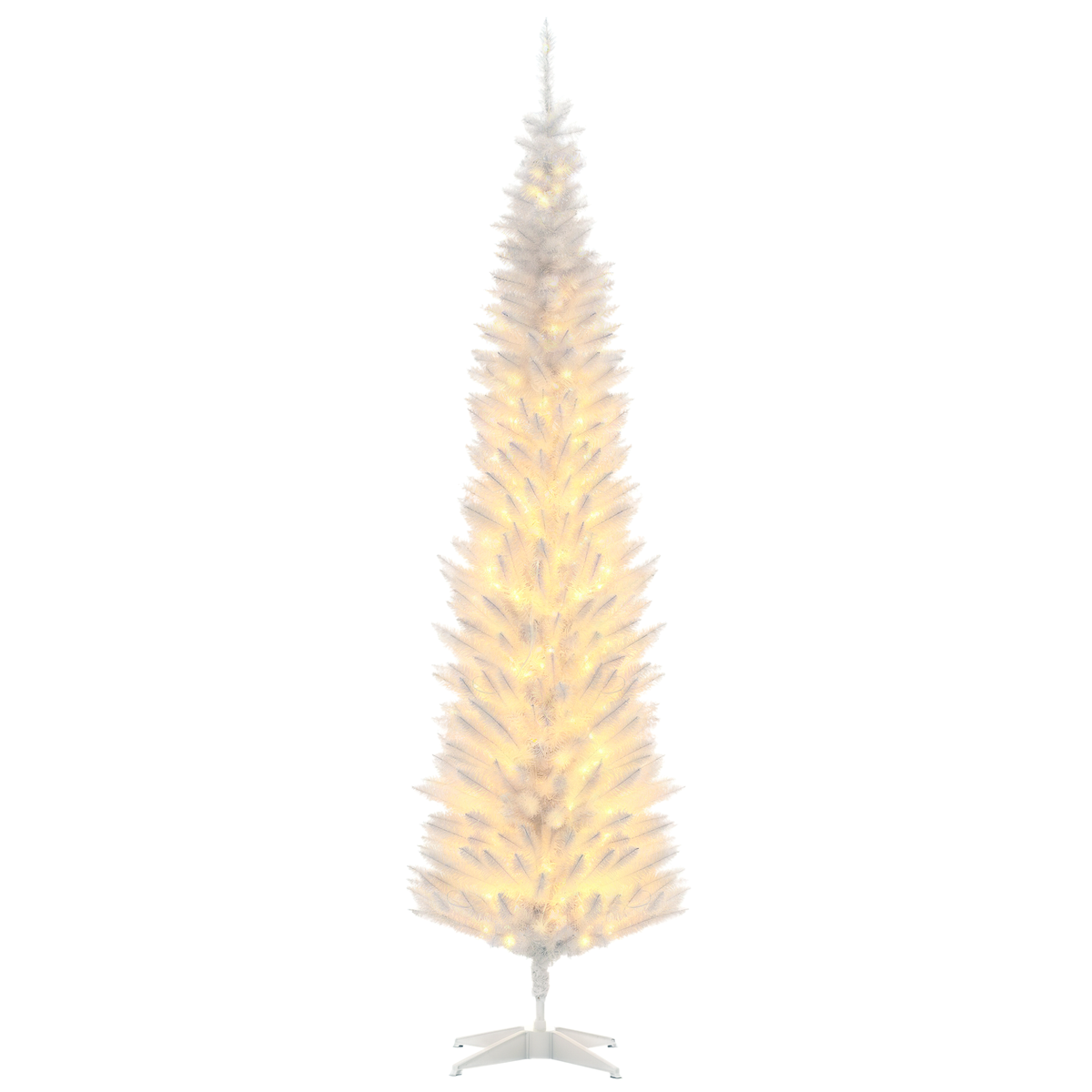 HOMCOM 7ft Pencil Christmas Tree, Slim Artificial Christmas Tree with Realistic Branches and Warm White LED Lights, White