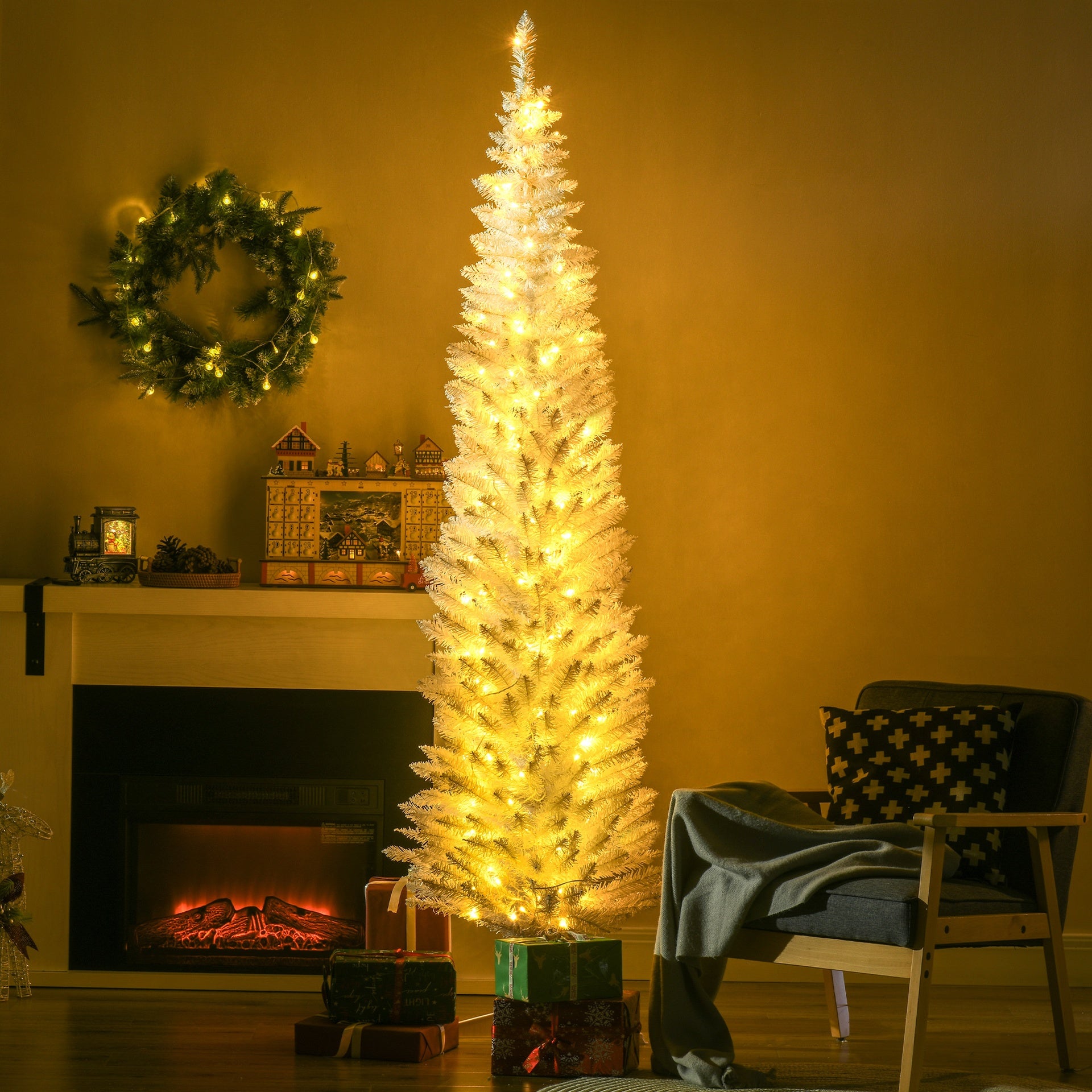 HOMCOM 7ft Pencil Christmas Tree, Slim Artificial Christmas Tree with Realistic Branches and Warm White LED Lights, White