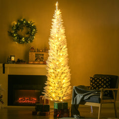 HOMCOM 7ft Pencil Christmas Tree, Slim Artificial Christmas Tree with Realistic Branches and Warm White LED Lights, White