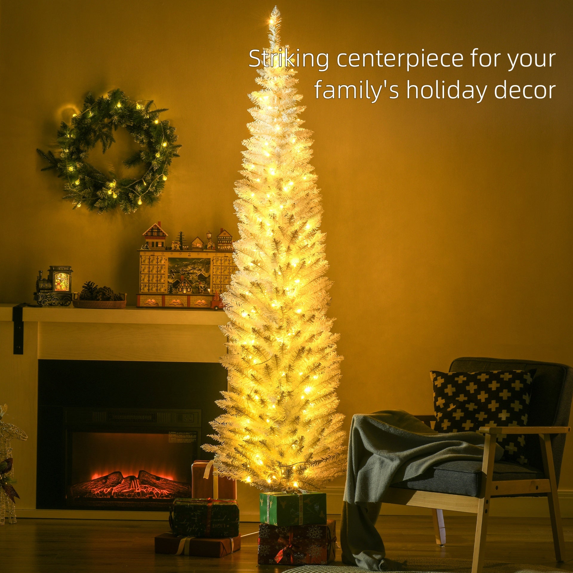 HOMCOM 7ft Pencil Christmas Tree, Slim Artificial Christmas Tree with Realistic Branches and Warm White LED Lights, White